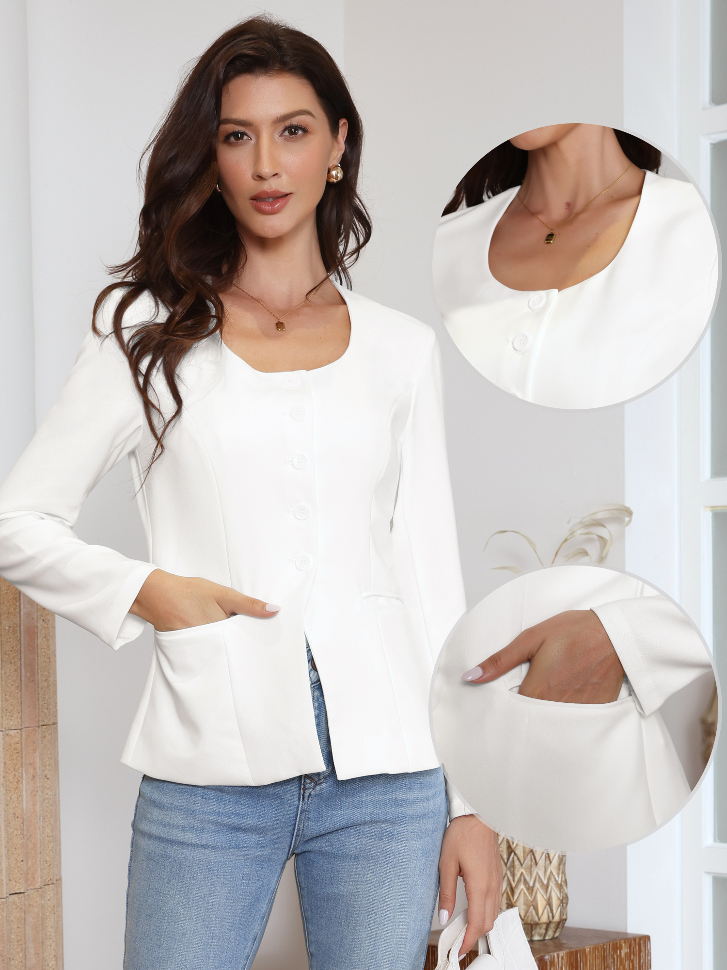 Button Down Scoop Neck Long Sleeve Jackets with Pockets White/M