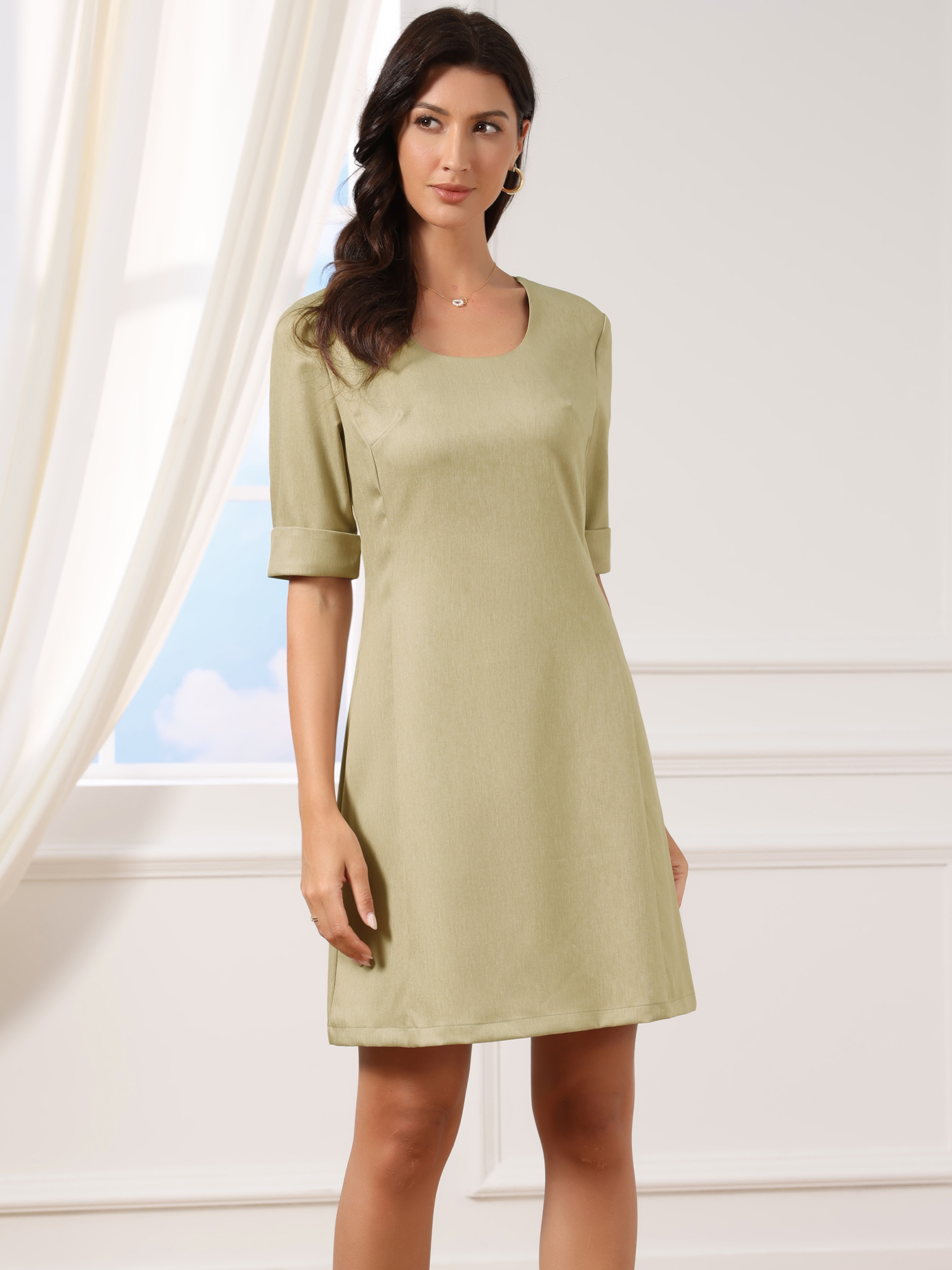 Short Sleeve Round Neck A-Line Office Work Dress Khaki/XL