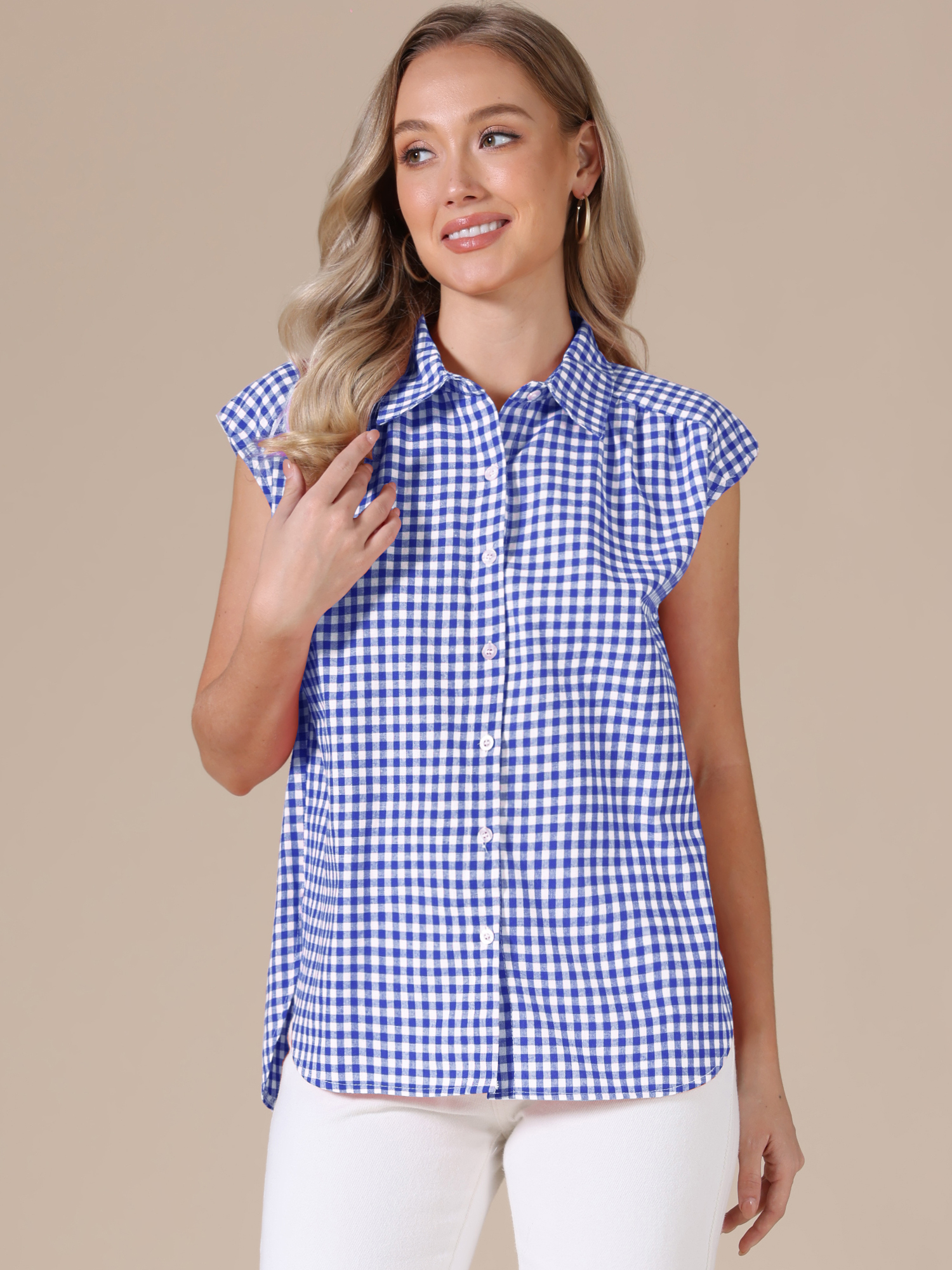 Gingham Cap Sleeves Button Down Blouse Blue/S