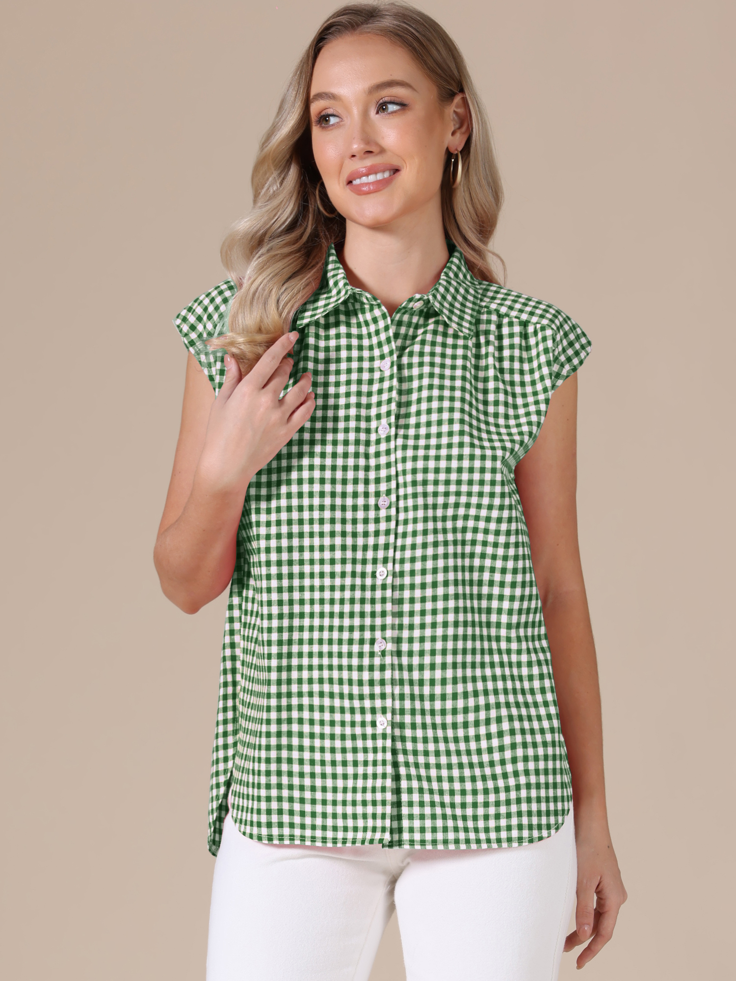 Gingham Cap Sleeves Button Down Blouse Green/M