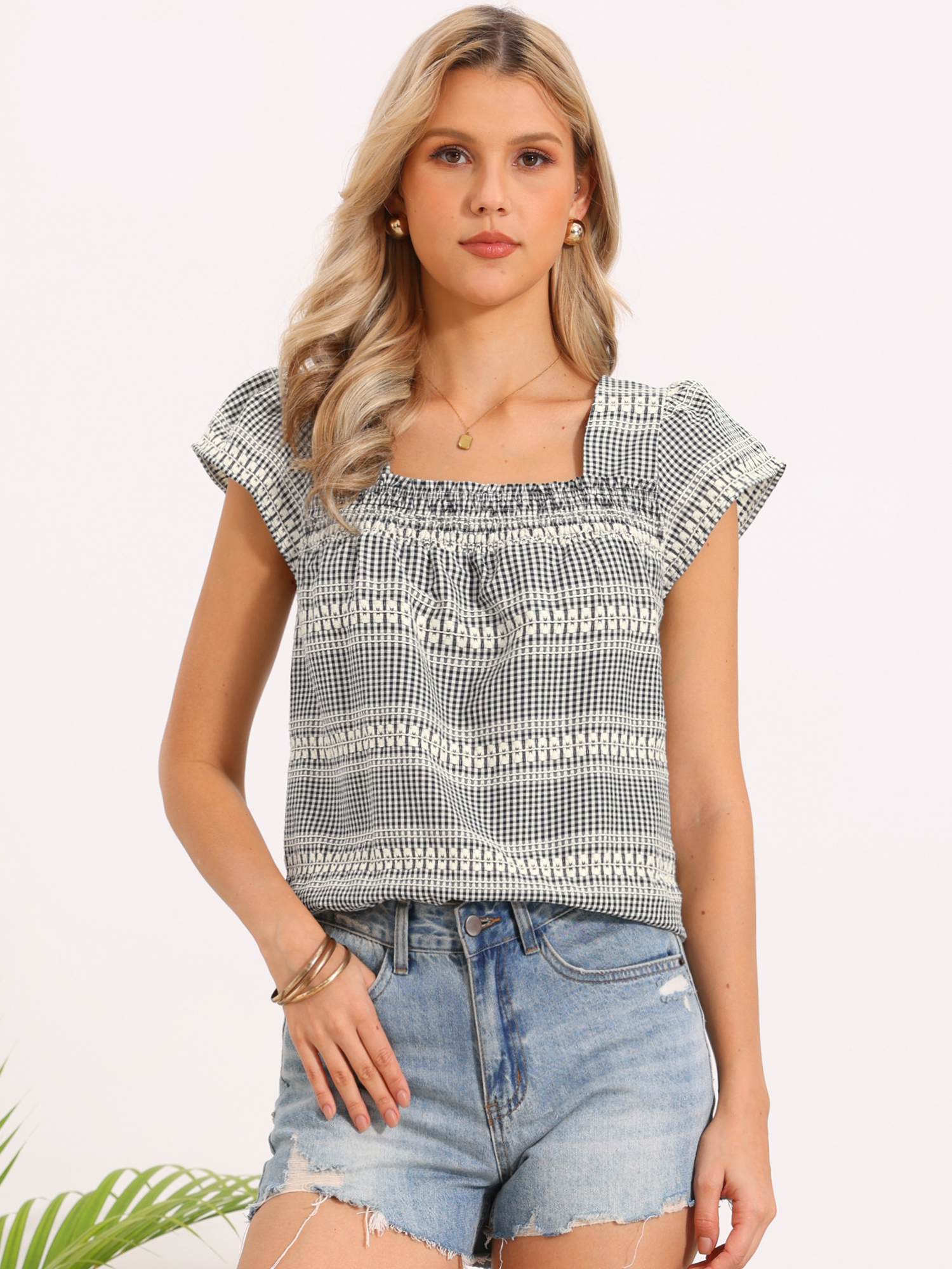Gingham Square Neck Cap Sleeve Blouse Black/S