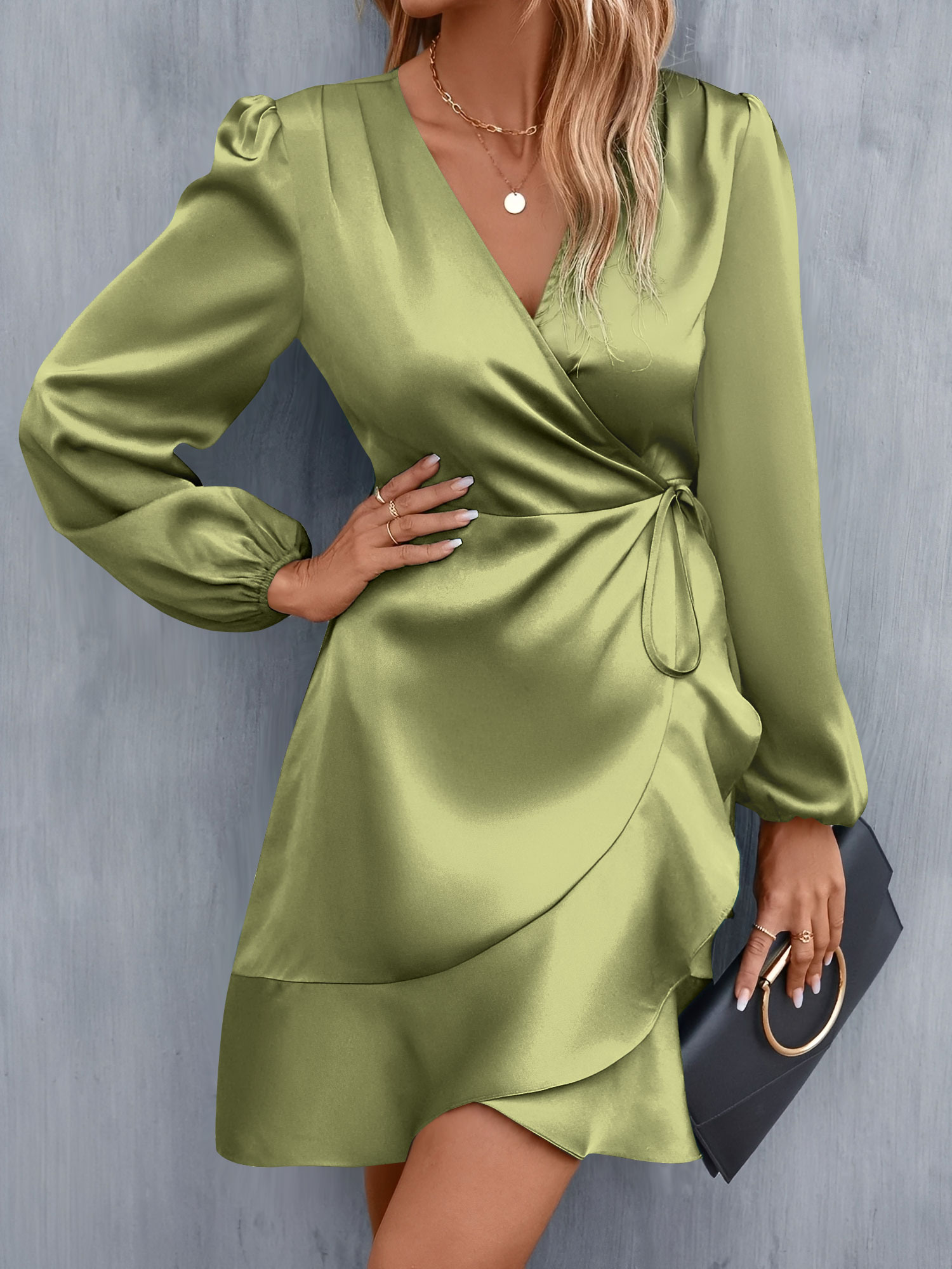 V Neck Satin Puff Long Sleeves Wrap Dress Light Green/XS