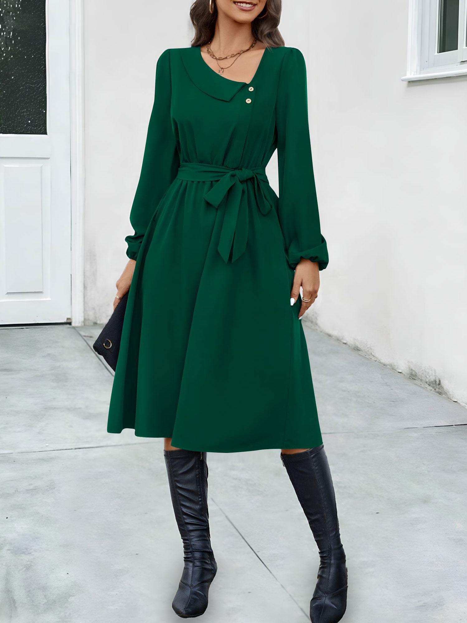 Irregular Collar Button Long Sleeve Midi A-Line Dress Dark Green/M
