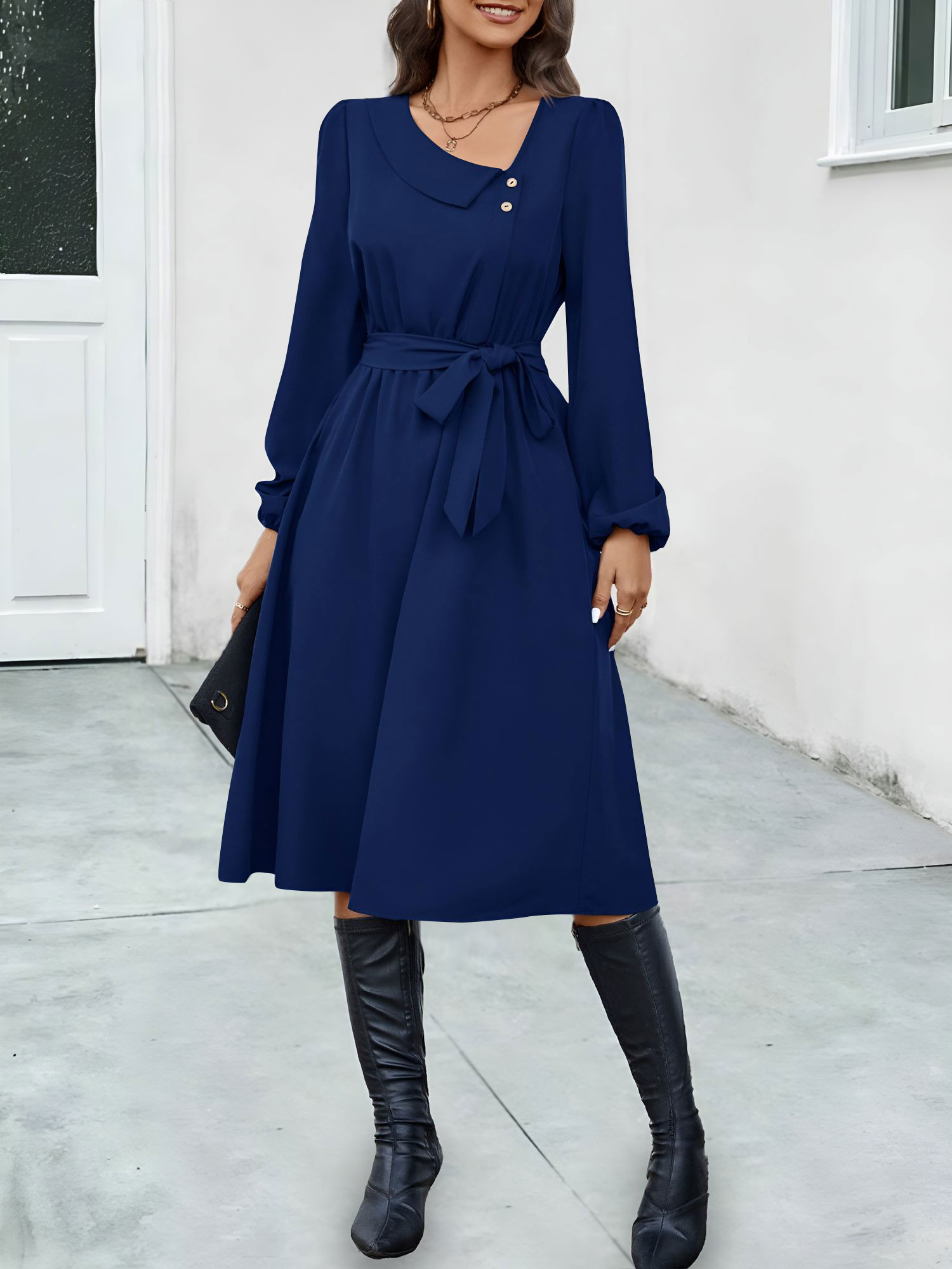 Irregular Collar Button Long Sleeve Midi A-Line Dress Navy Blue/XL