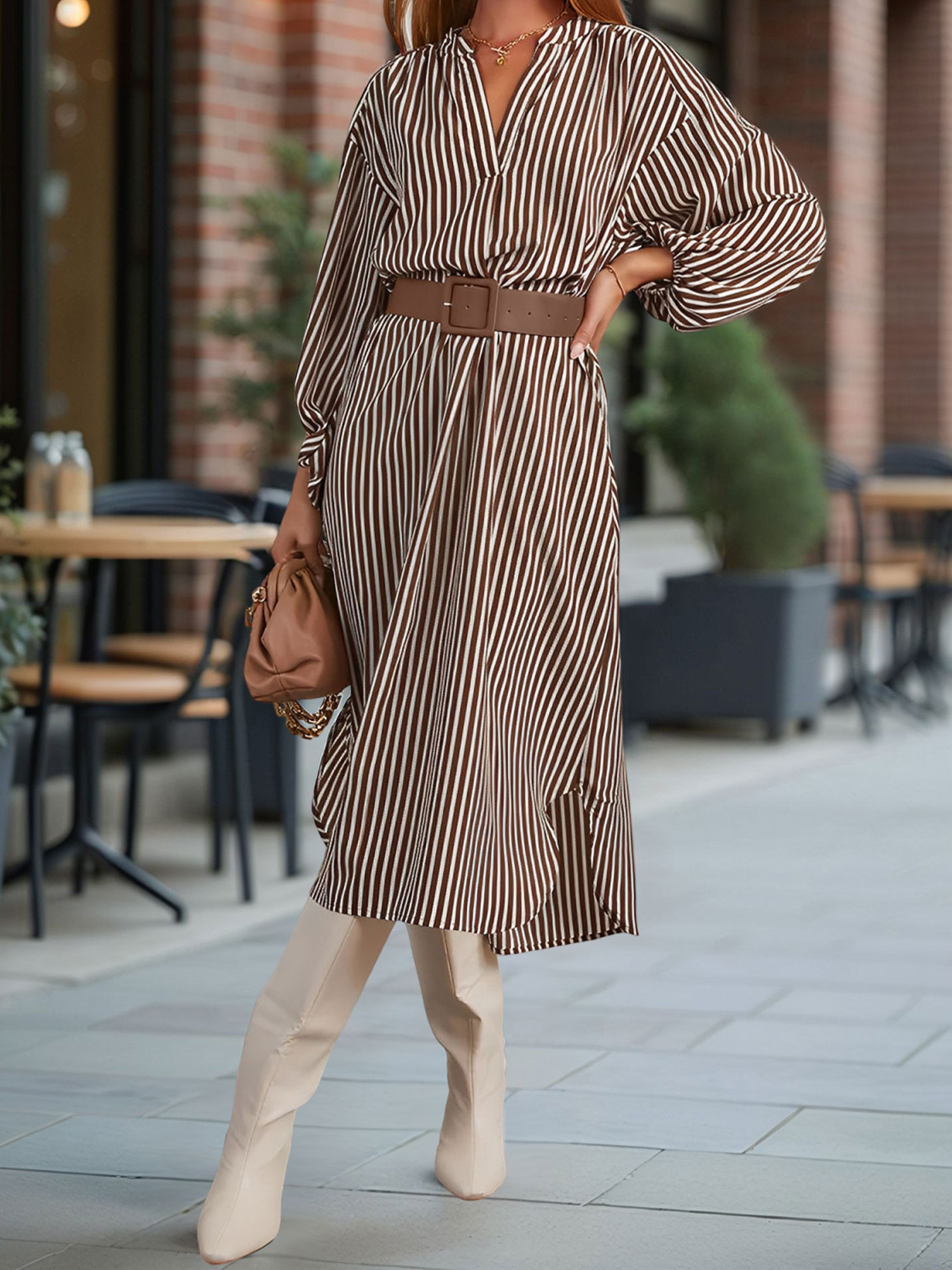 Striped Notch Neck Long Sleeves Belted Pockets Dress Khaki/M