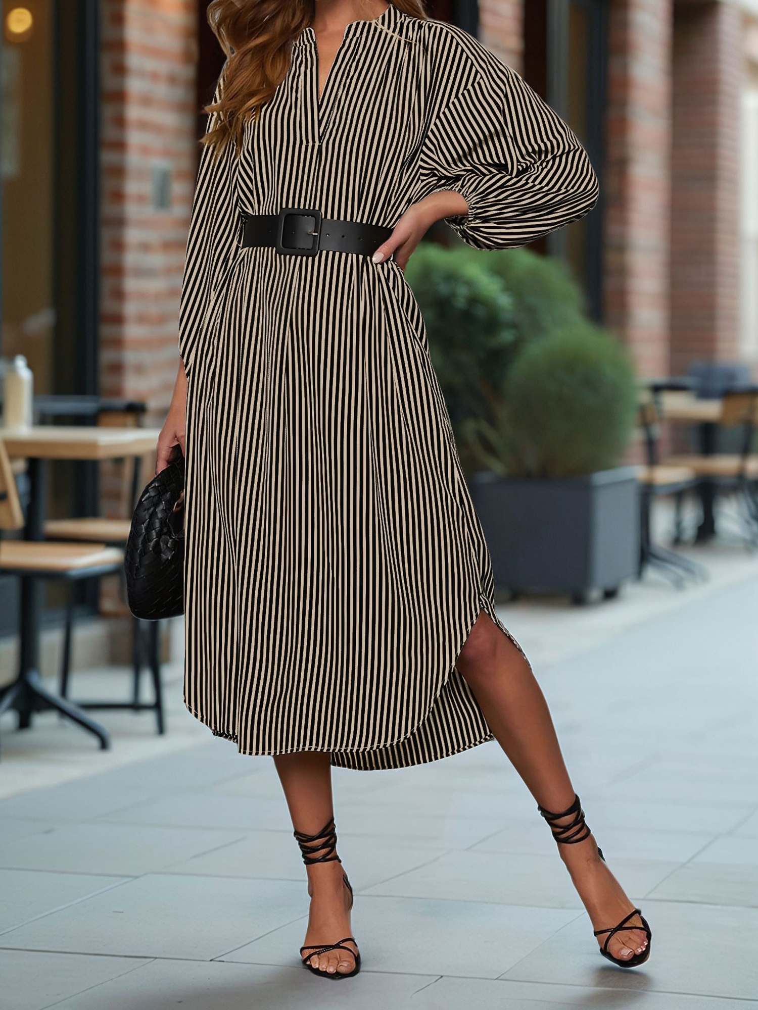 Striped Notch Neck Long Sleeves Belted Pockets Dress Black/XS