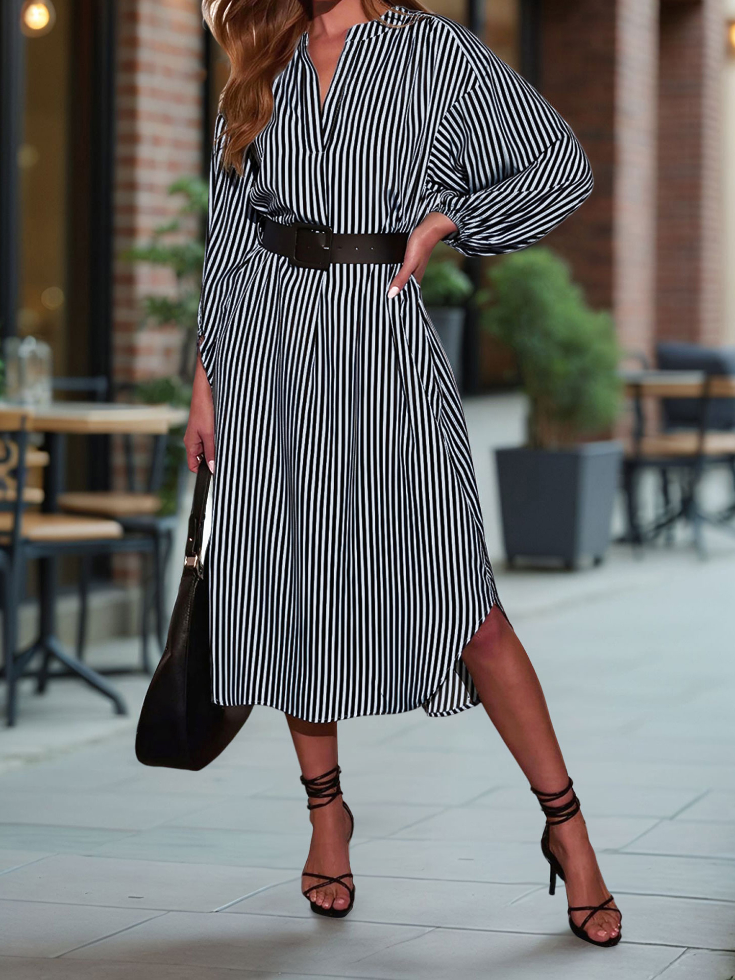 Striped Notch Neck Long Sleeves Belted Pockets Dress Blue/M