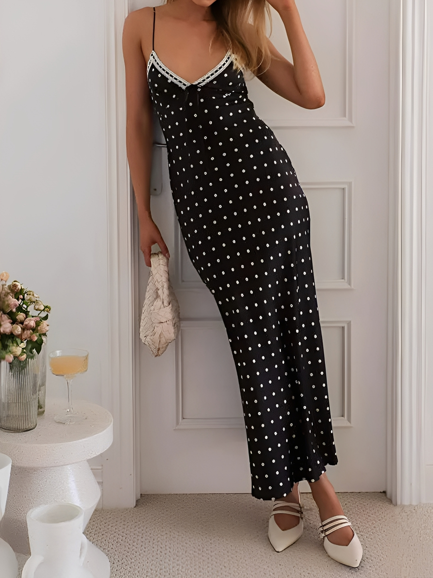 Spaghetti Strap V Neck Polka Dots Maxi Dress Black/L