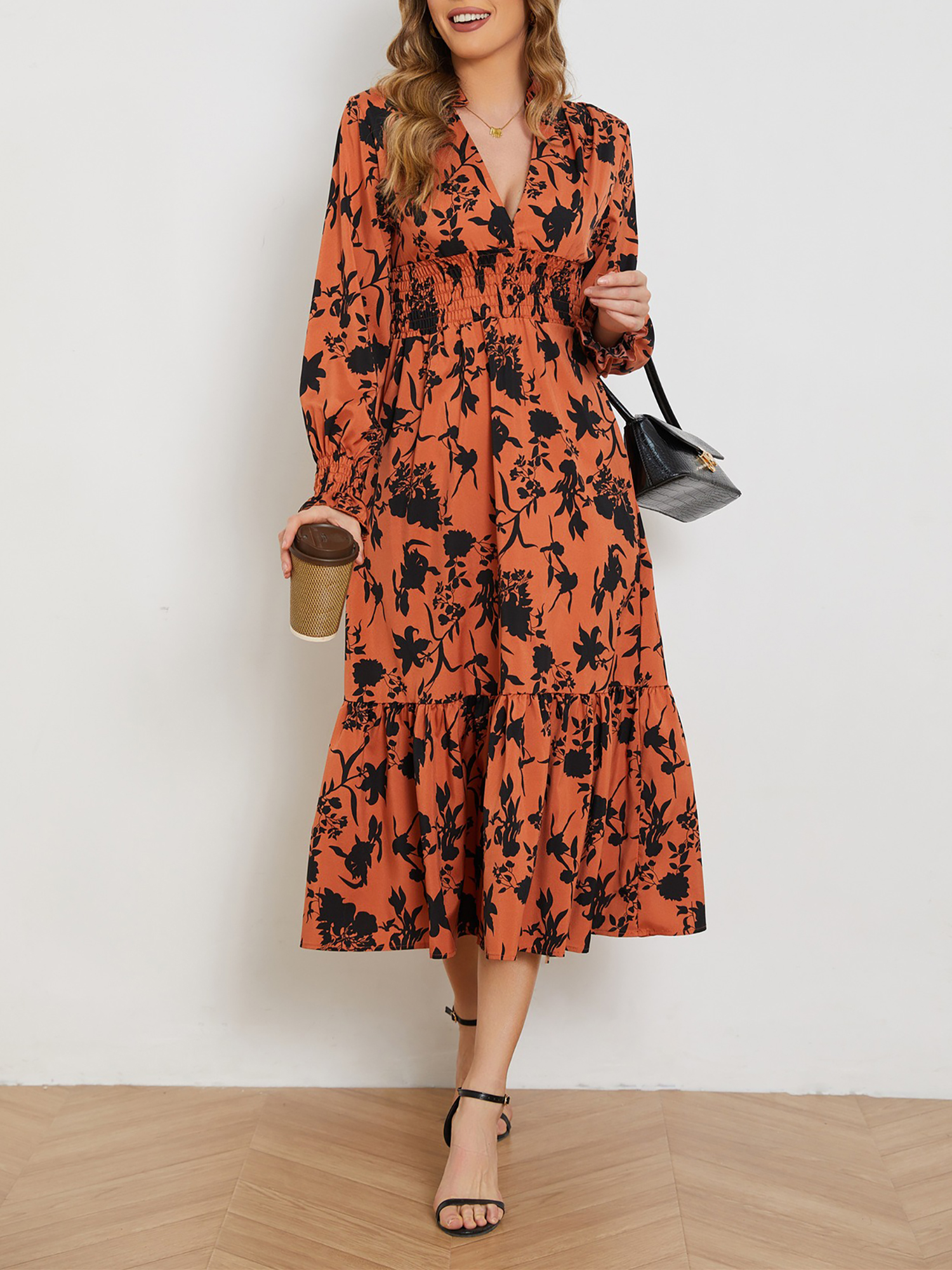 V Neck Long Sleeve Floral Smocked Ruffled Midi Dress Orange/XS