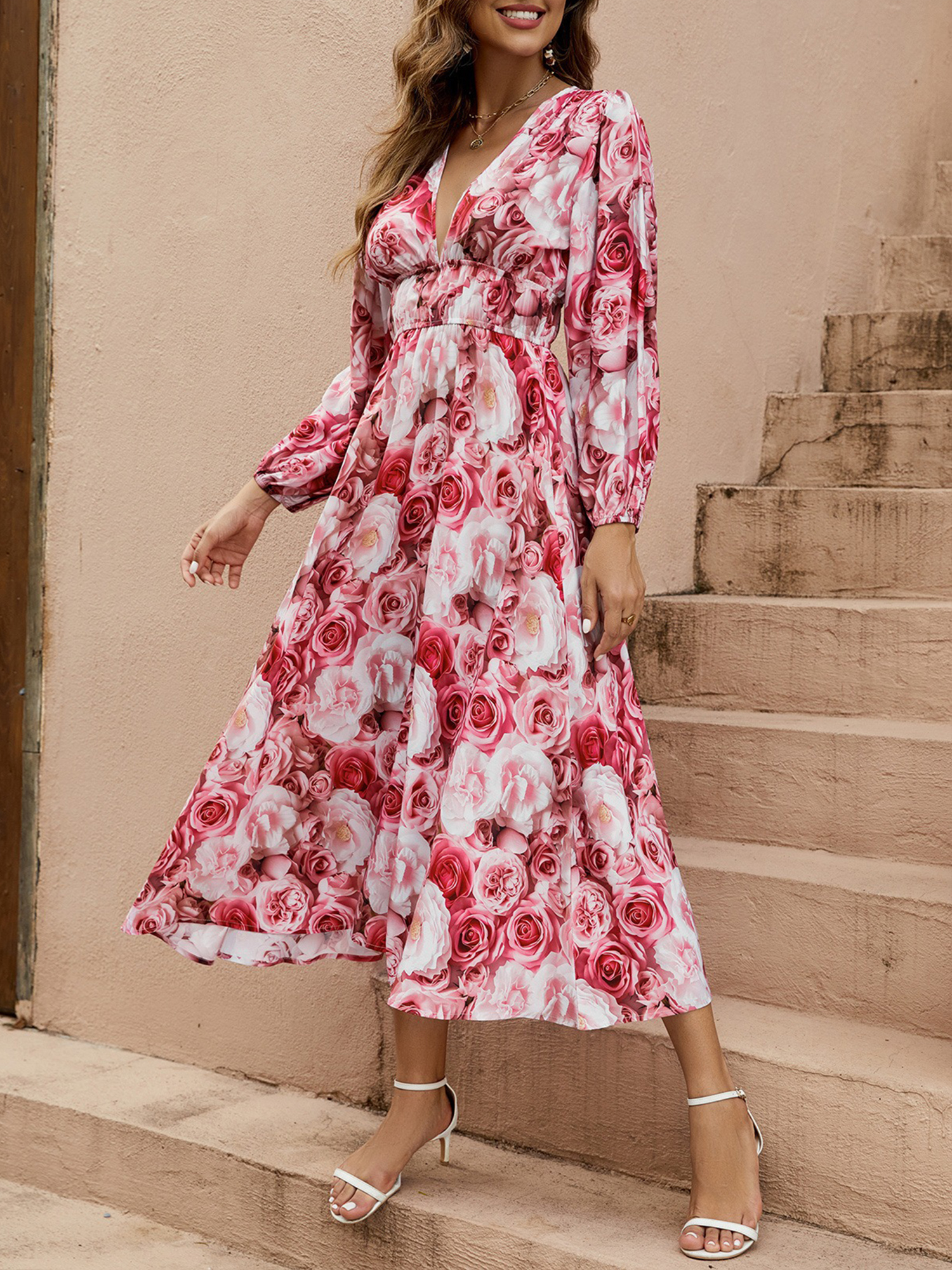 Deep V Neck Lantern Long Sleeve Floral Midi Dress Red/L