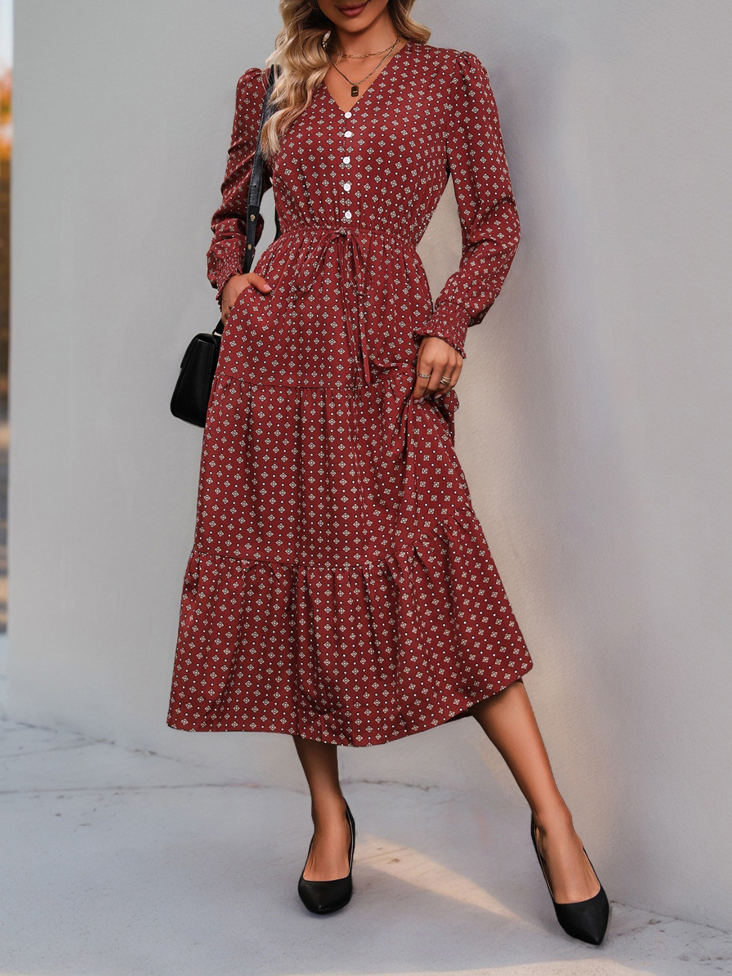 Smocked Puff Long Sleeves Floral Tiered Midi Dress Burgundy/S