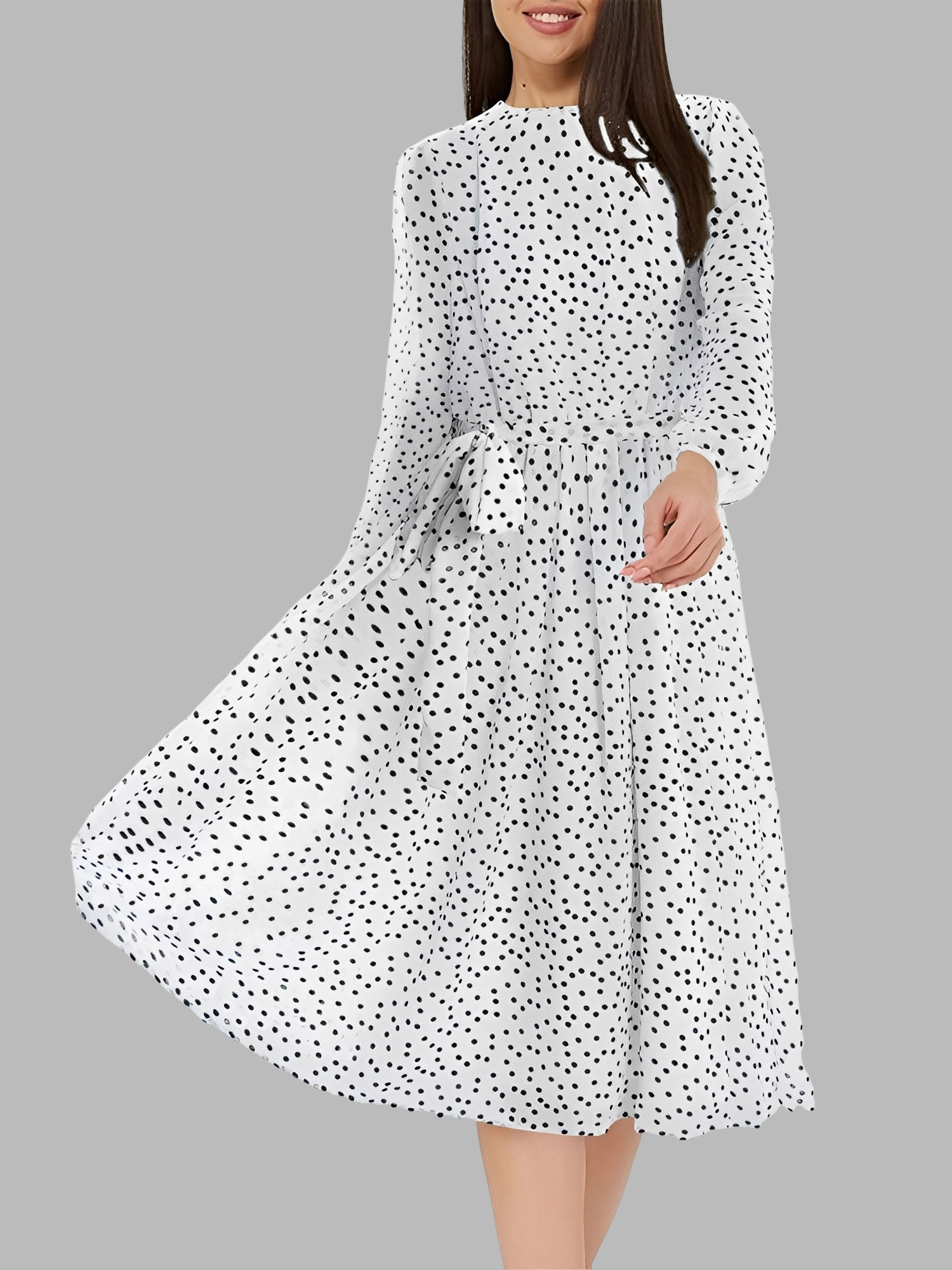 Crew Neck Polka Dots Puff Sleeves Midi Dress White/XS