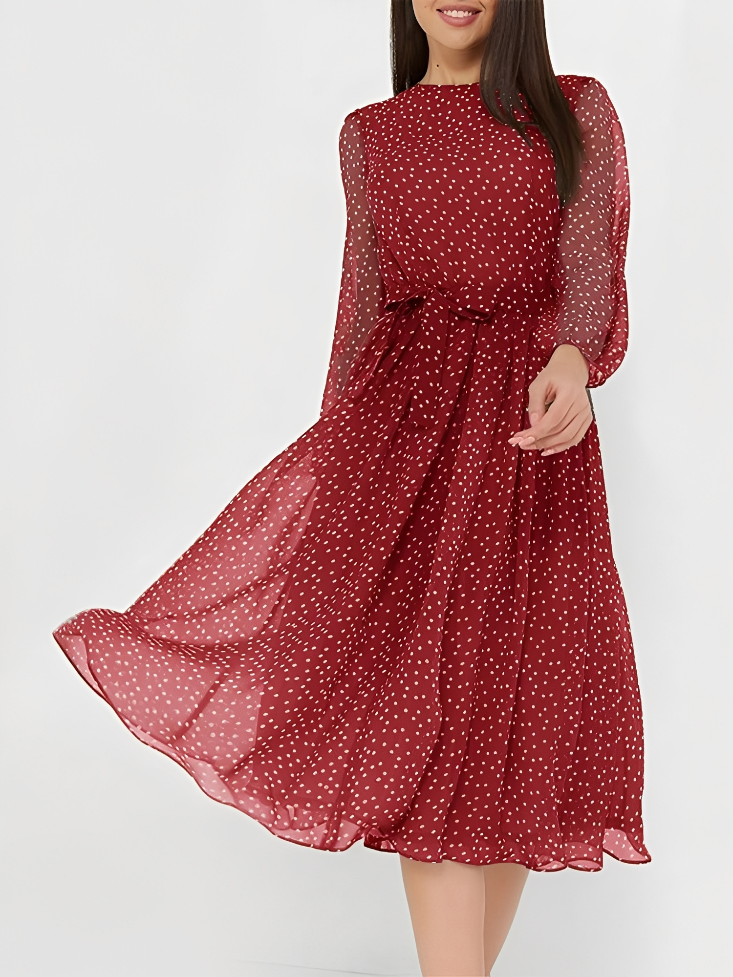 Crew Neck Polka Dots Puff Sleeves Midi Dress Burgundy/M