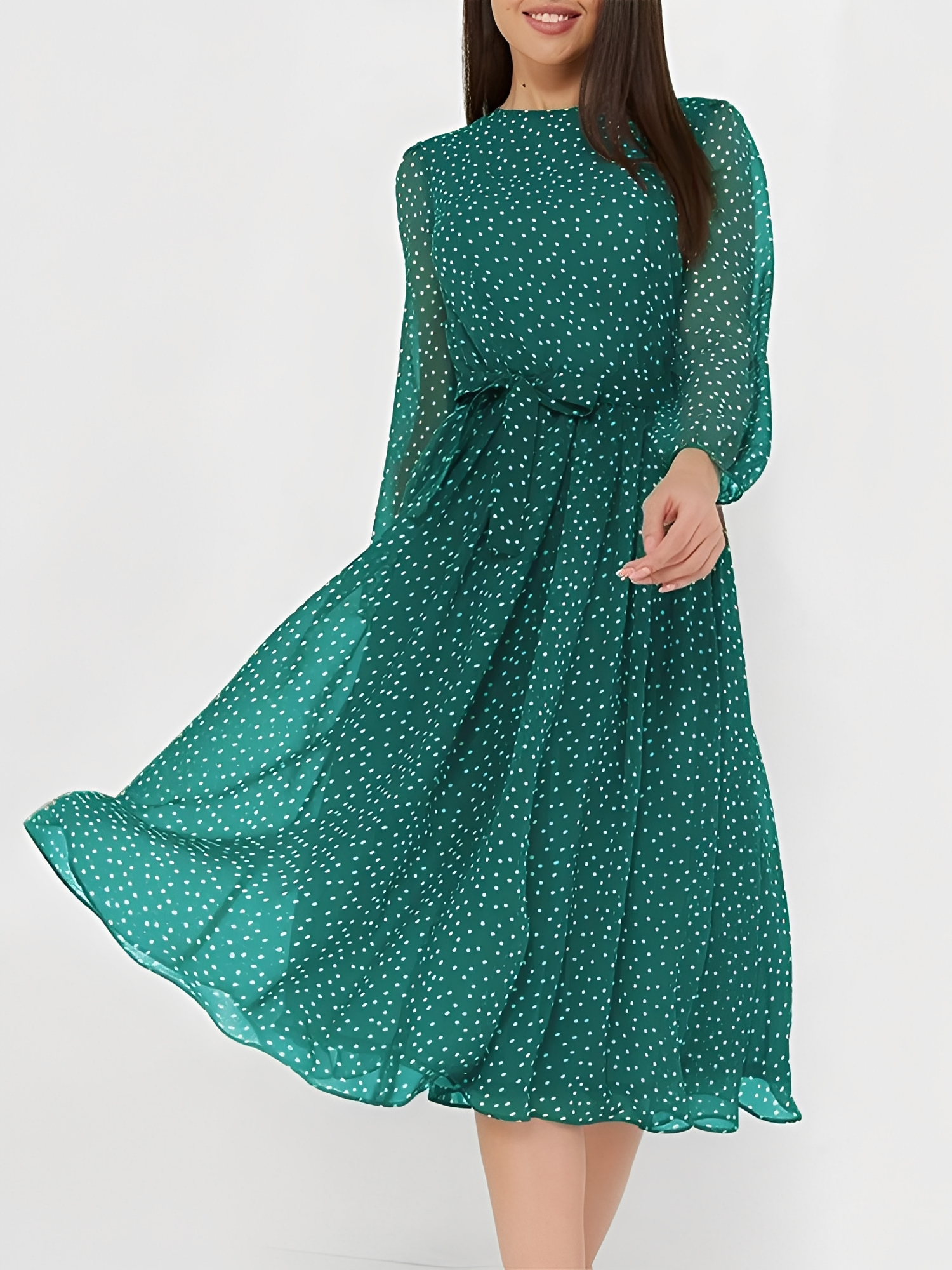 Crew Neck Polka Dots Puff Sleeves Midi Dress Green/M