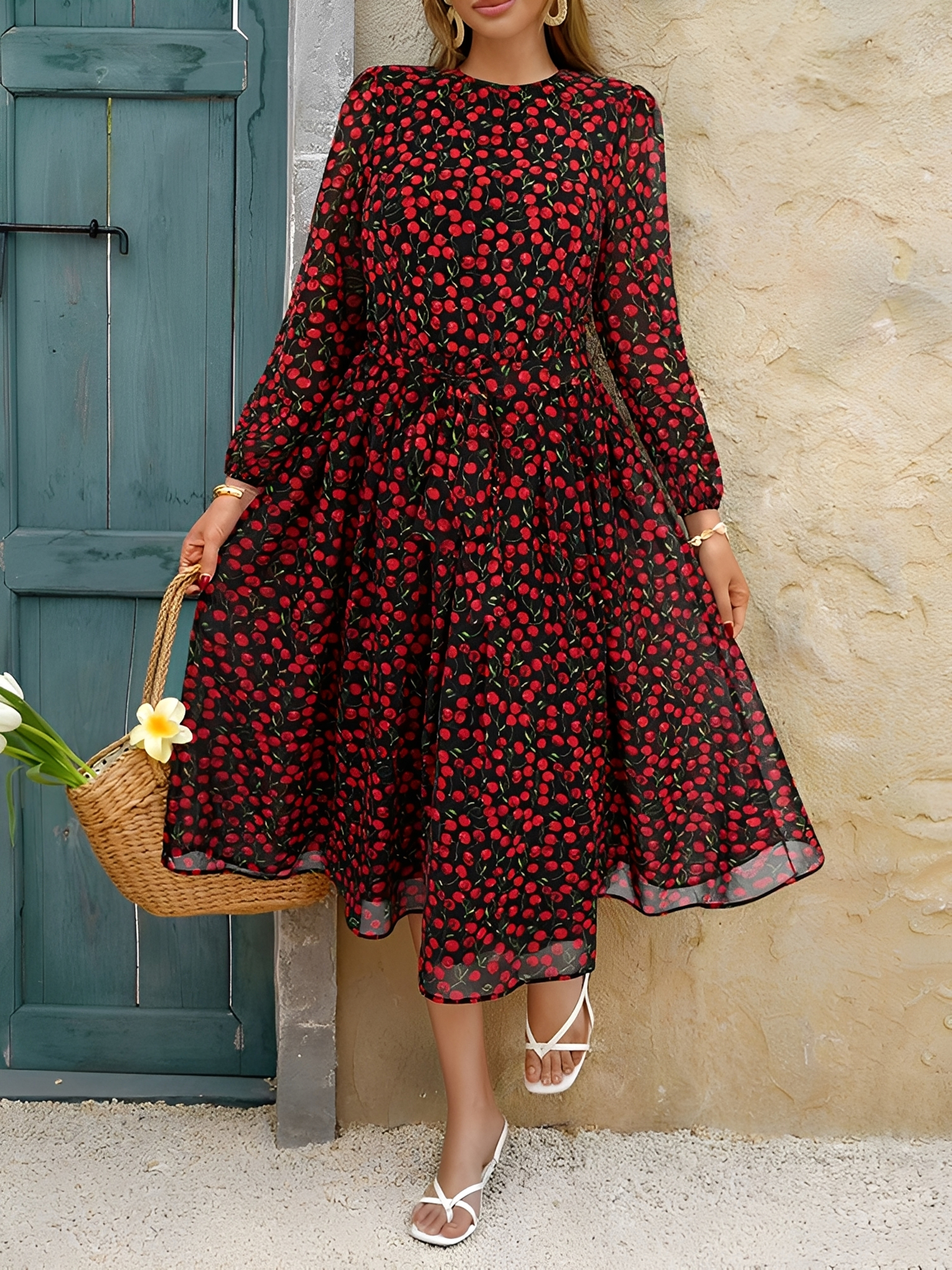 Crew Neck Puff 3/4 Sleeves Floral Midi A-Line Dress Black/XS