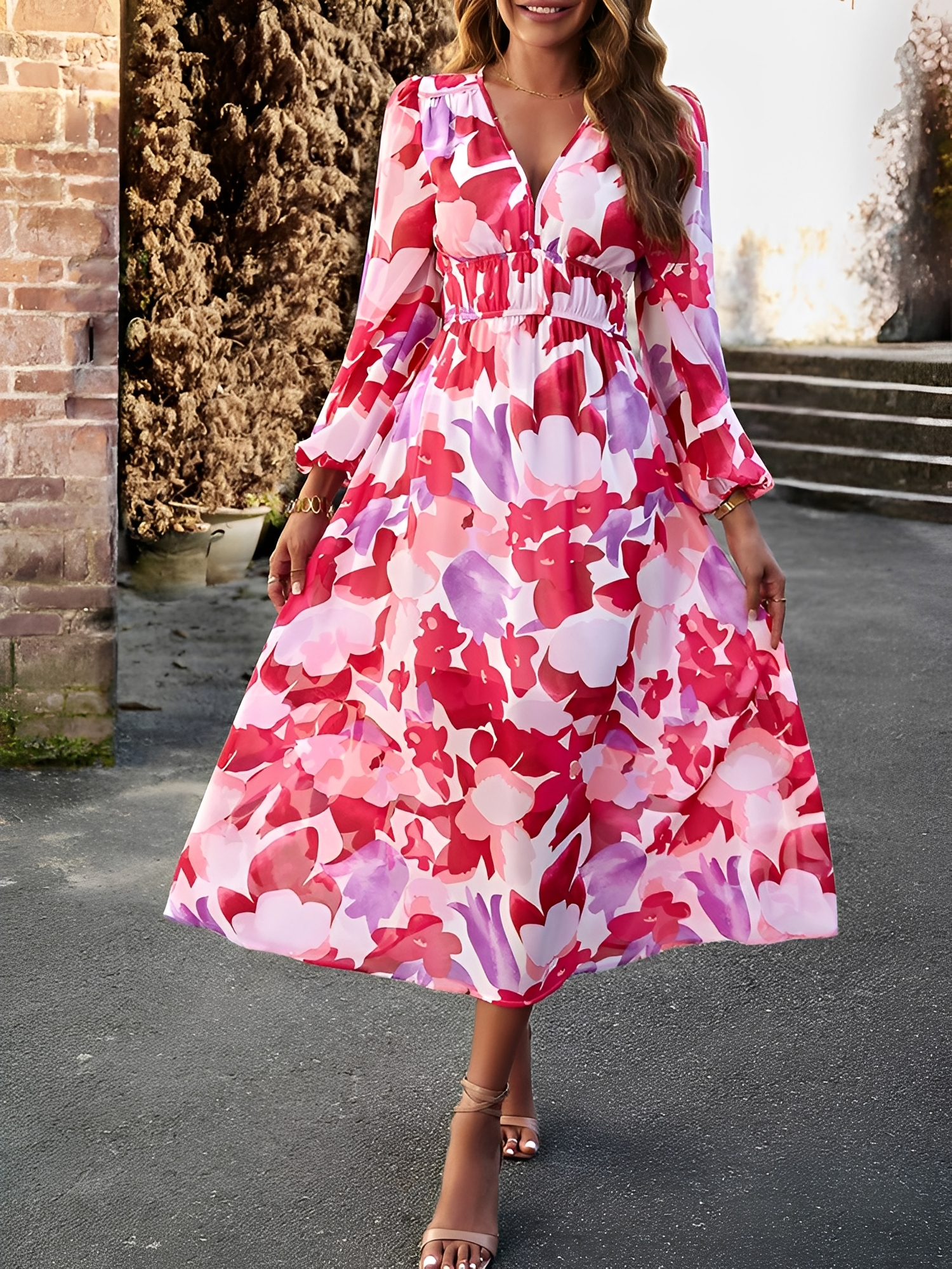 Deep V Neck Puff Long Sleeves Graphic A-Line Dress Red/M
