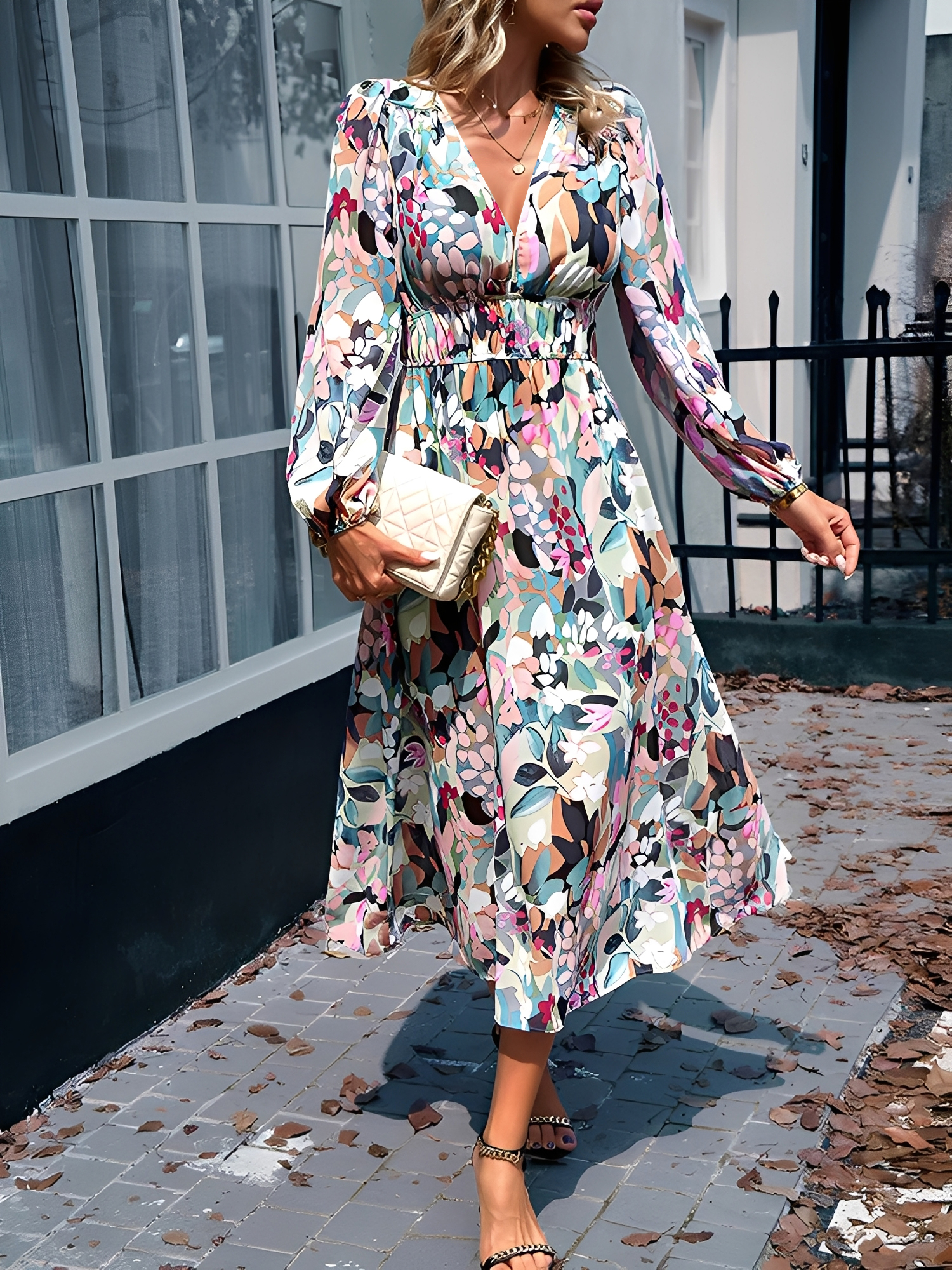 Deep V Neck Puff Long Sleeves Graphic A-Line Dress Green/XL