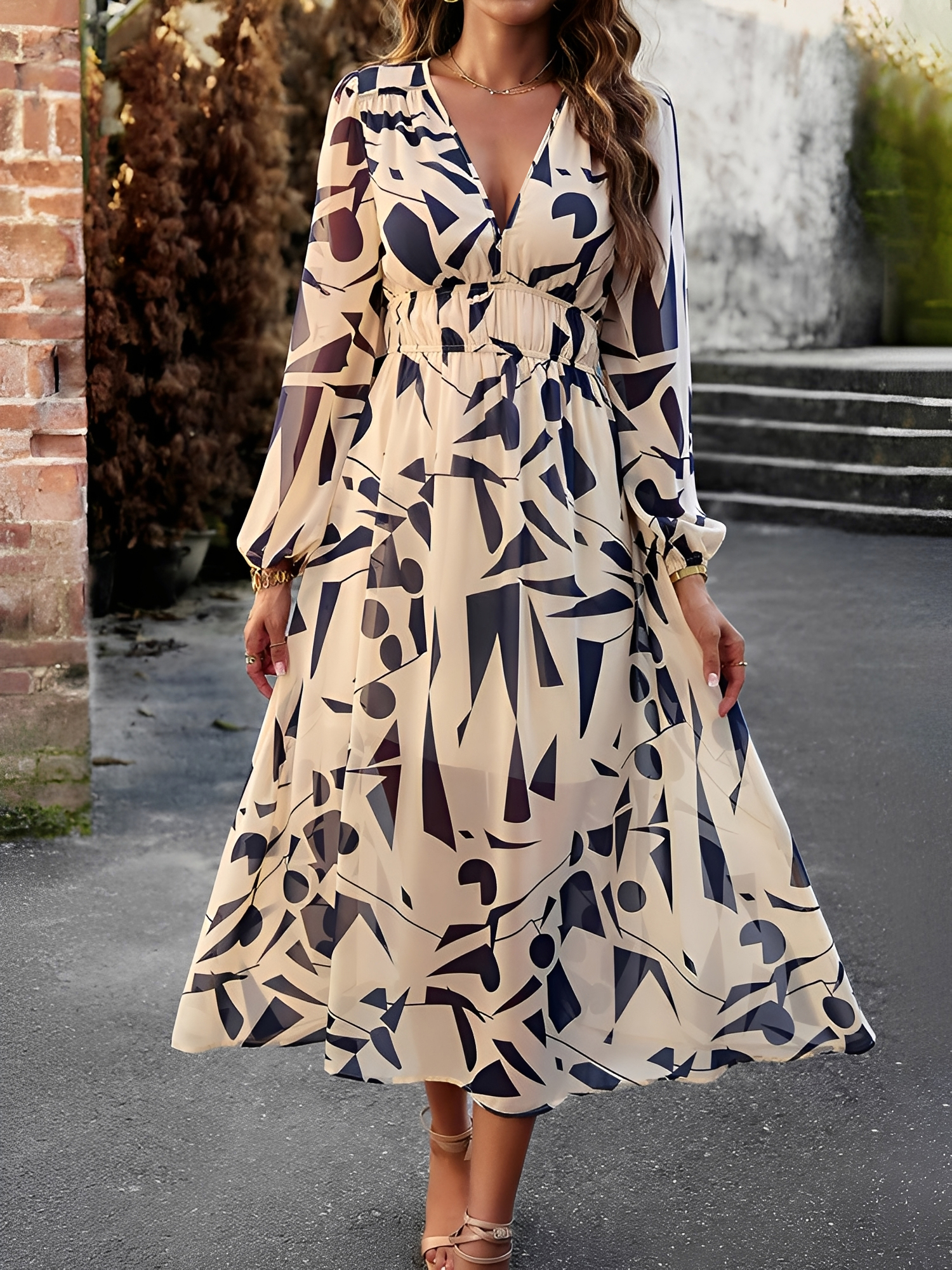Deep V Neck Puff Long Sleeves Graphic A-Line Dress Apricot/L