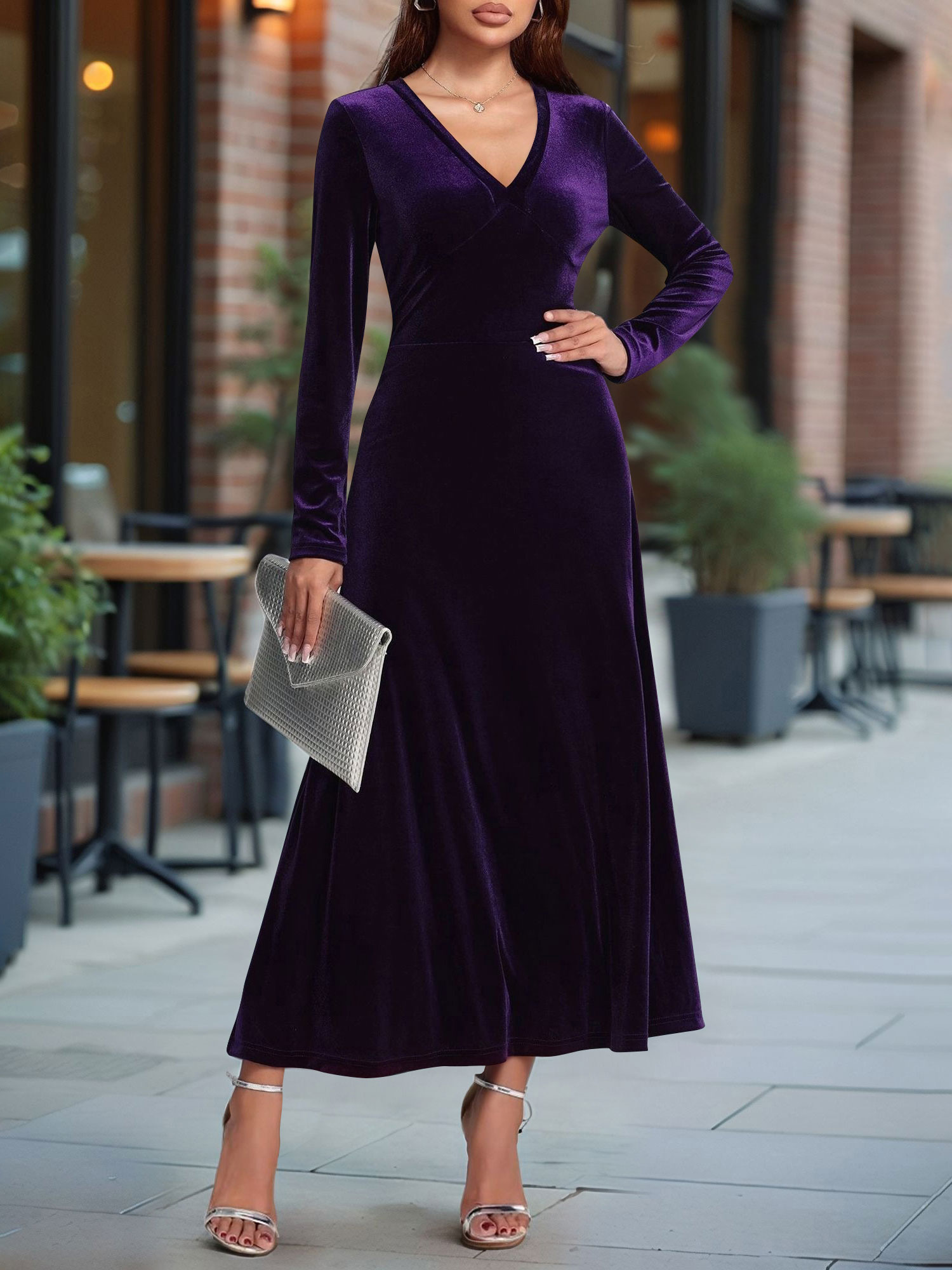 V Neck Long Sleeves Velvet A-Line Maxi Dress Purple/XS
