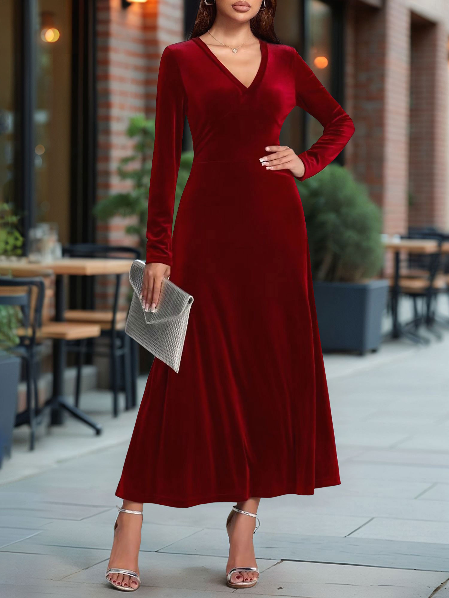 V Neck Long Sleeves Velvet A-Line Maxi Dress Burgundy/S