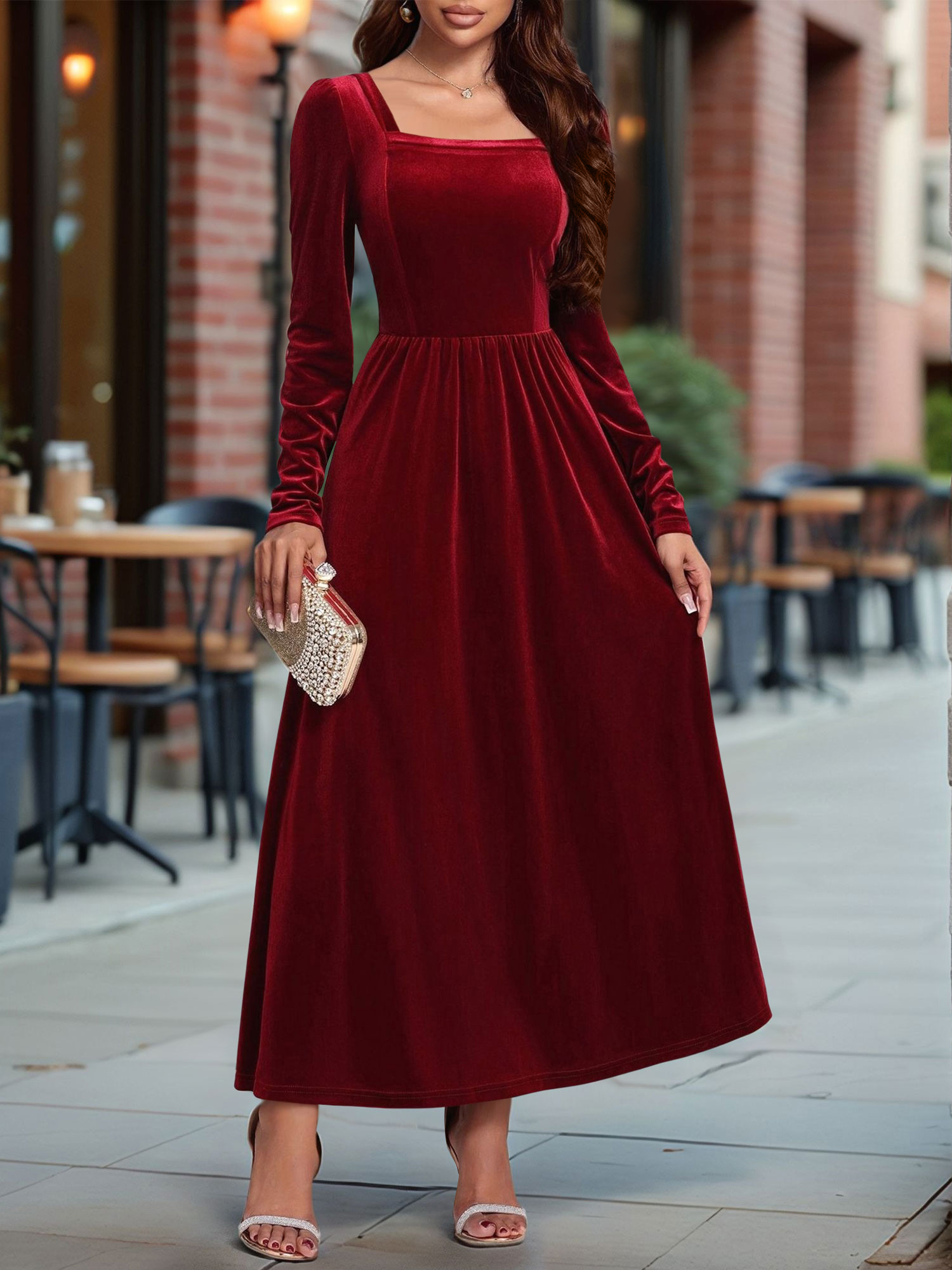 Velvet Backless Square Neck Long Sleeves A-Line Maxi Dress Red/S