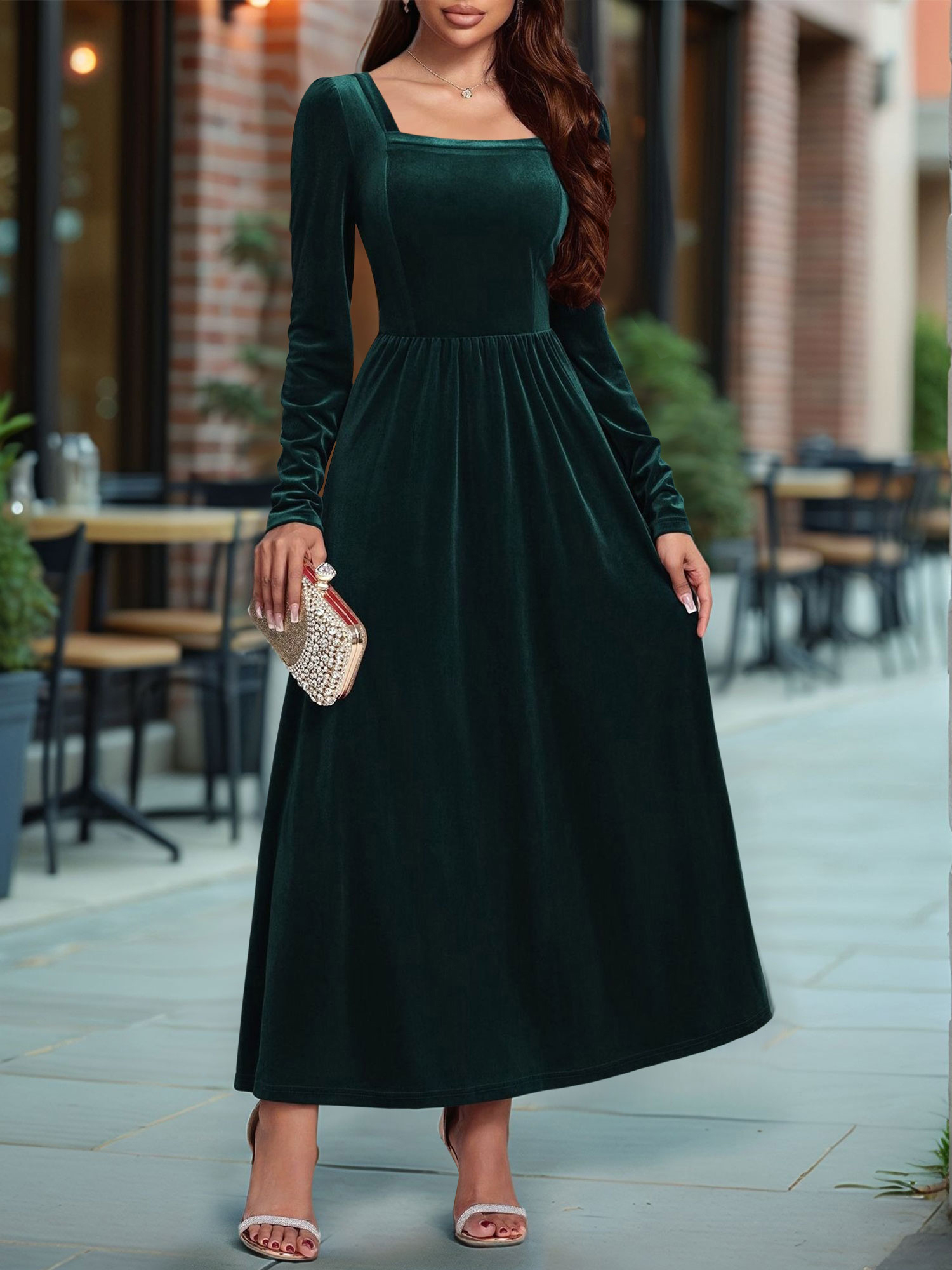 Velvet Backless Square Neck Long Sleeves A-Line Maxi Dress Green/M