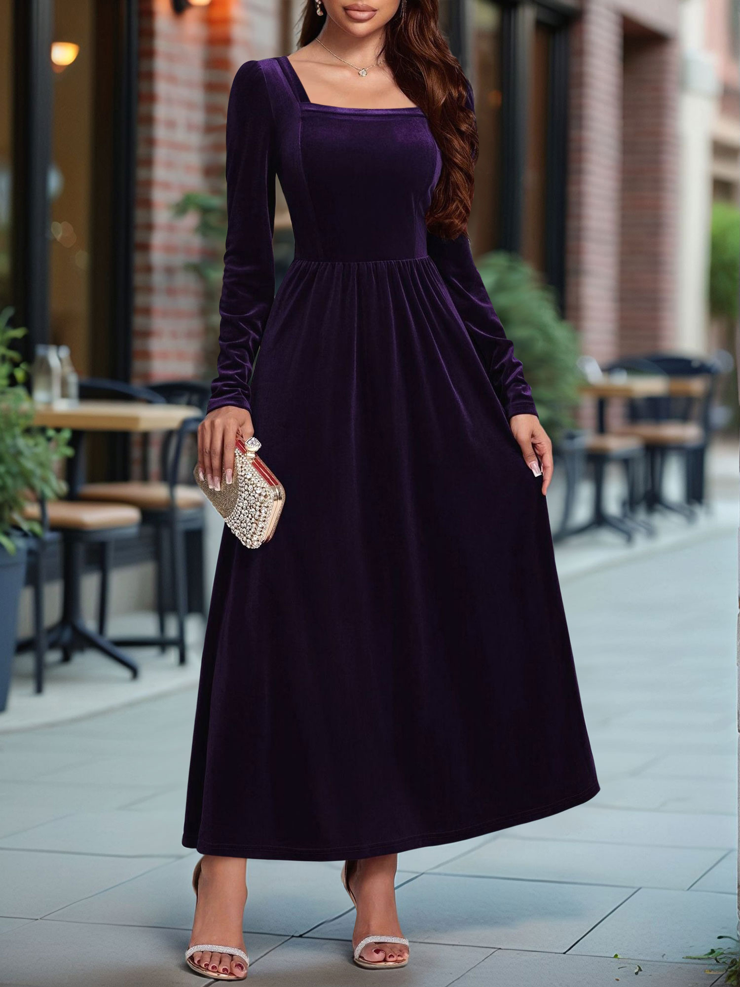 Velvet Backless Square Neck Long Sleeves A-Line Maxi Dress Purple/L