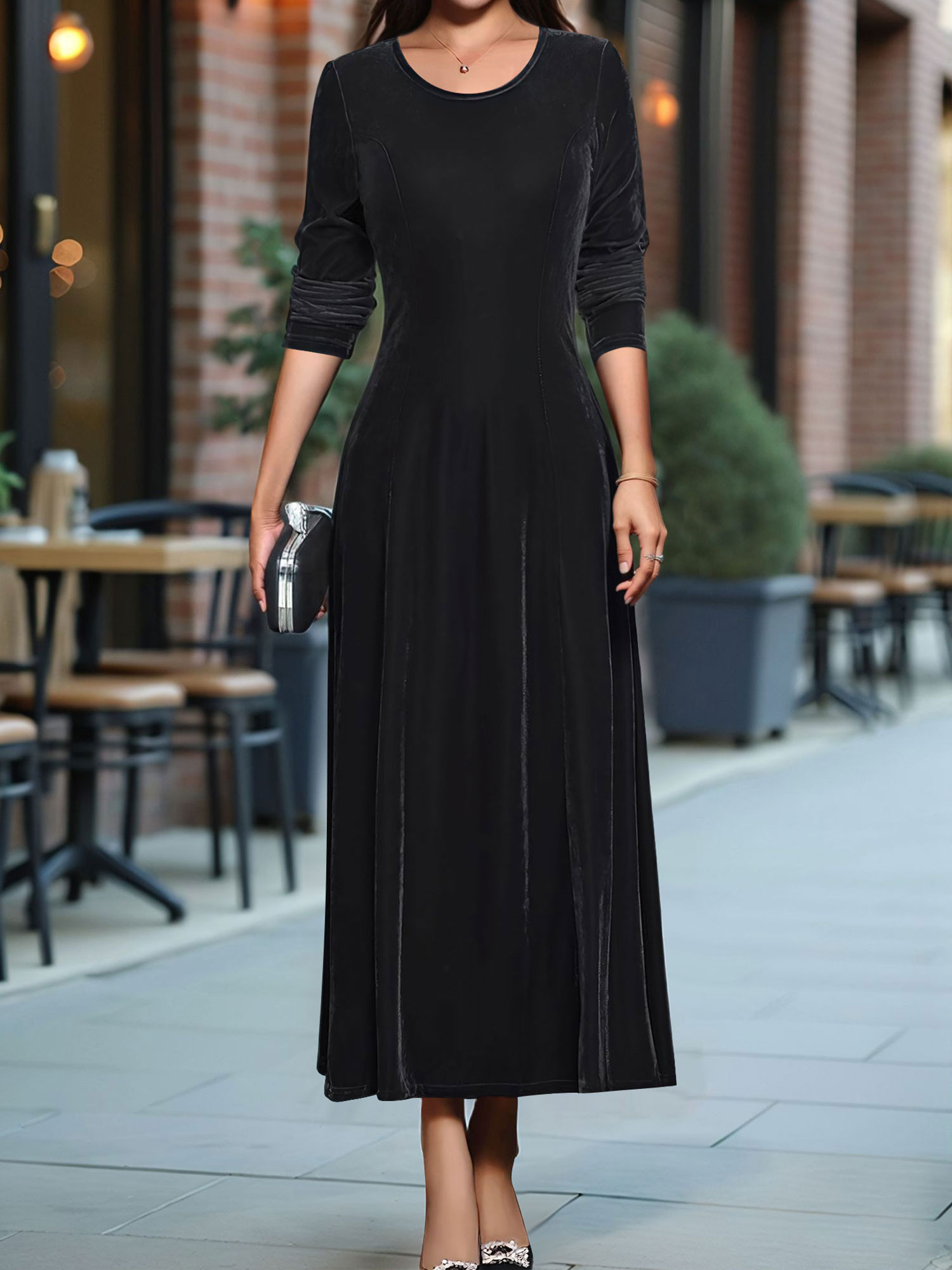 Round Neck Long Sleeves Maxi Velvet Dress Black/L
