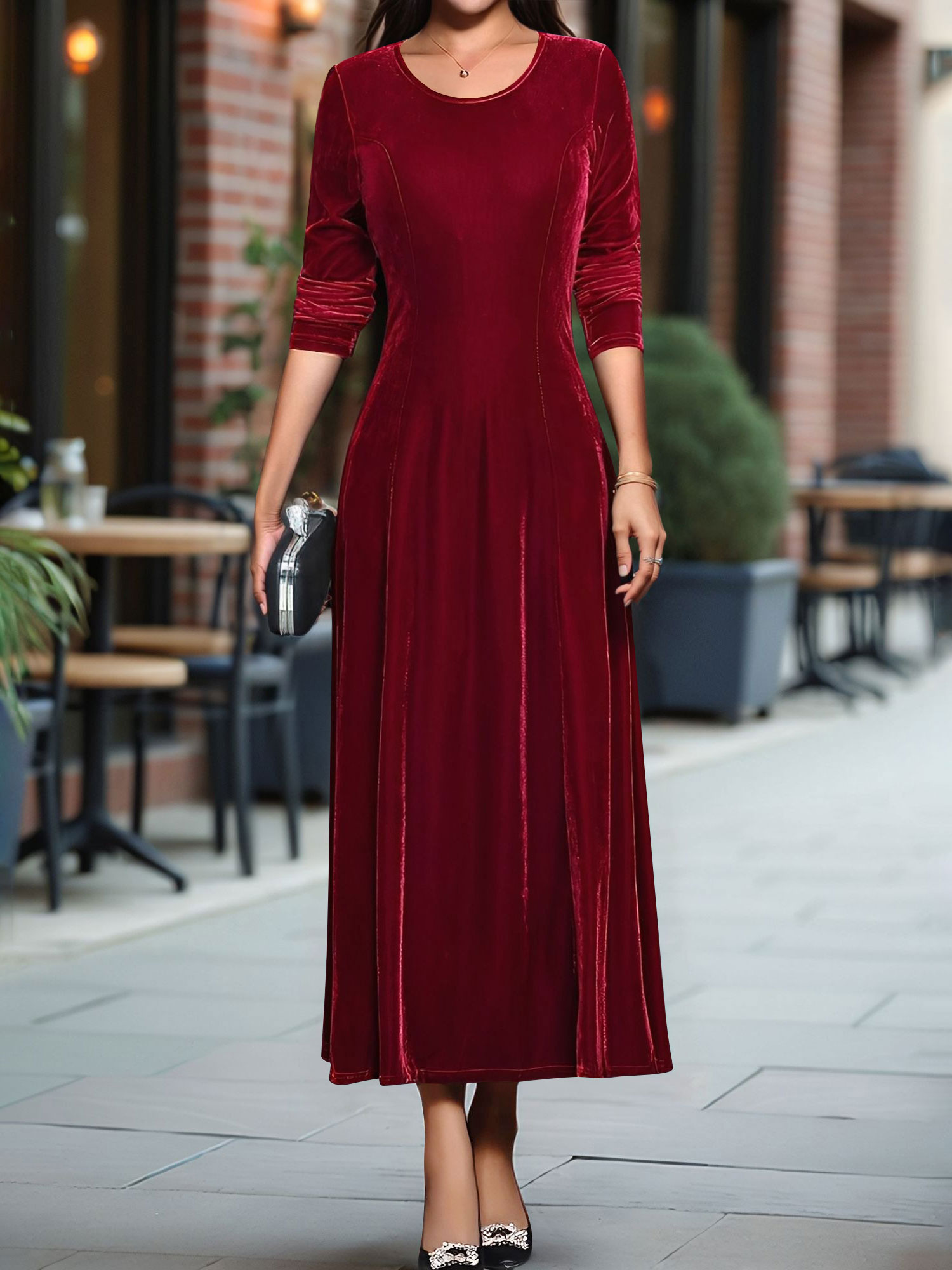 Round Neck Long Sleeves Maxi Velvet Dress Red/S