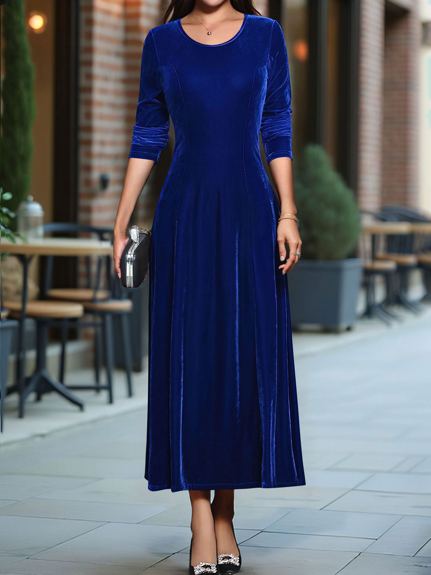 Round Neck Long Sleeves Maxi Velvet Dress Blue/XS