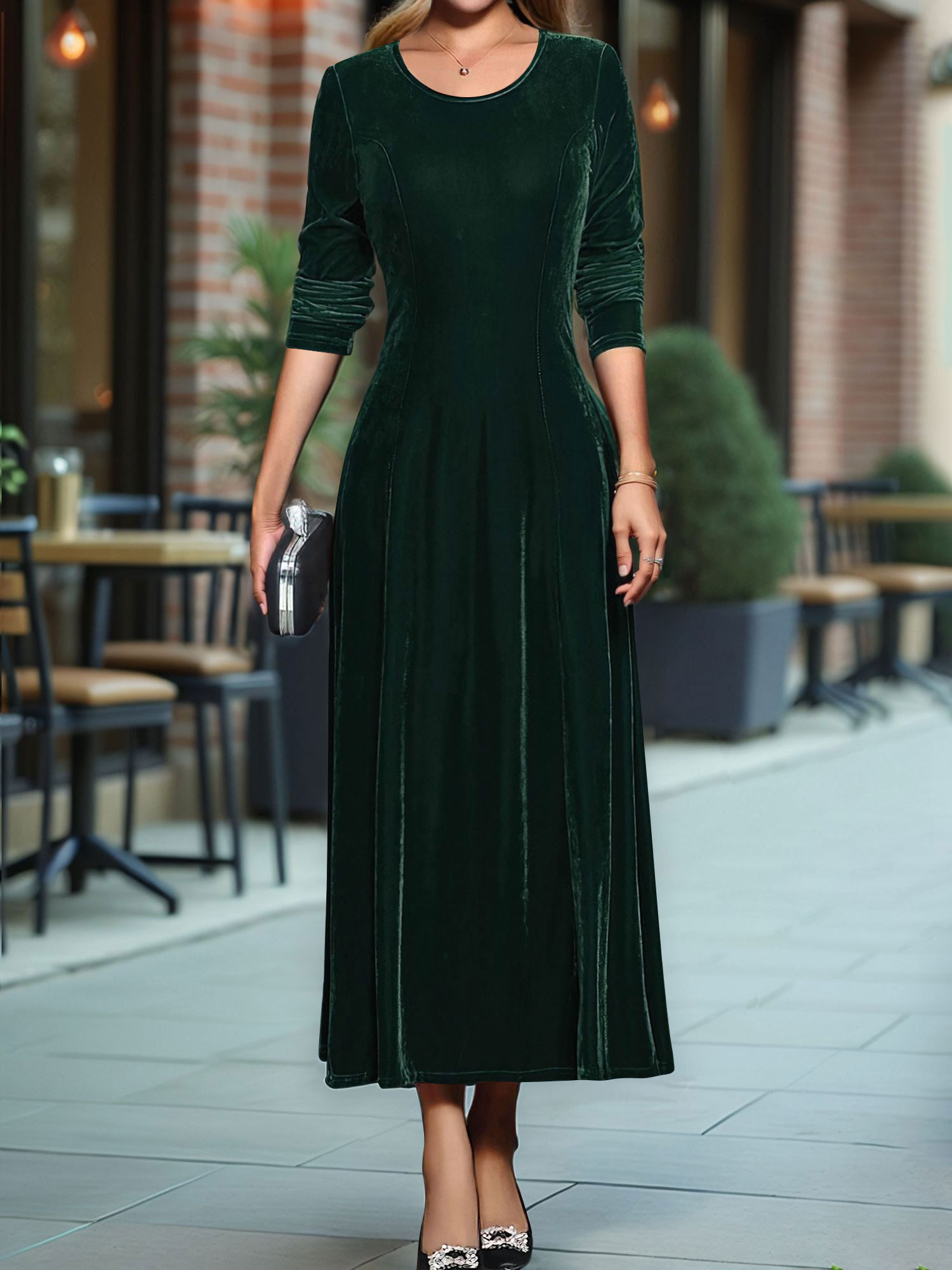 Round Neck Long Sleeves Maxi Velvet Dress Green/XS