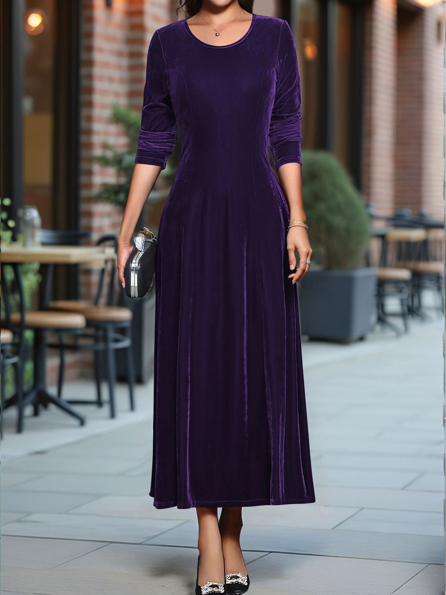 Round Neck Long Sleeves Maxi Velvet Dress Purple/M