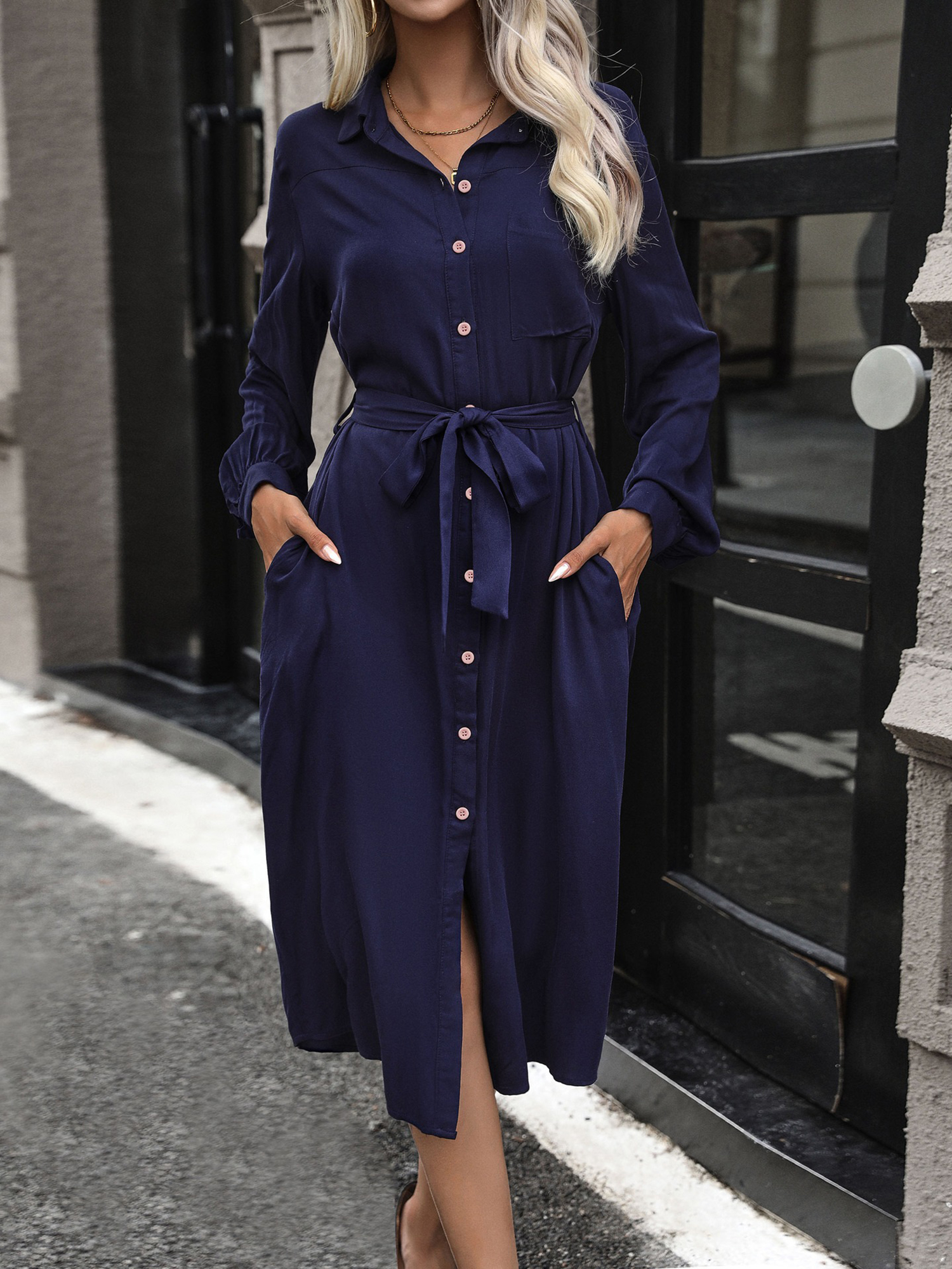 Collared Long Sleeves Pockets Midi Shirt Dress Navy Blue/L