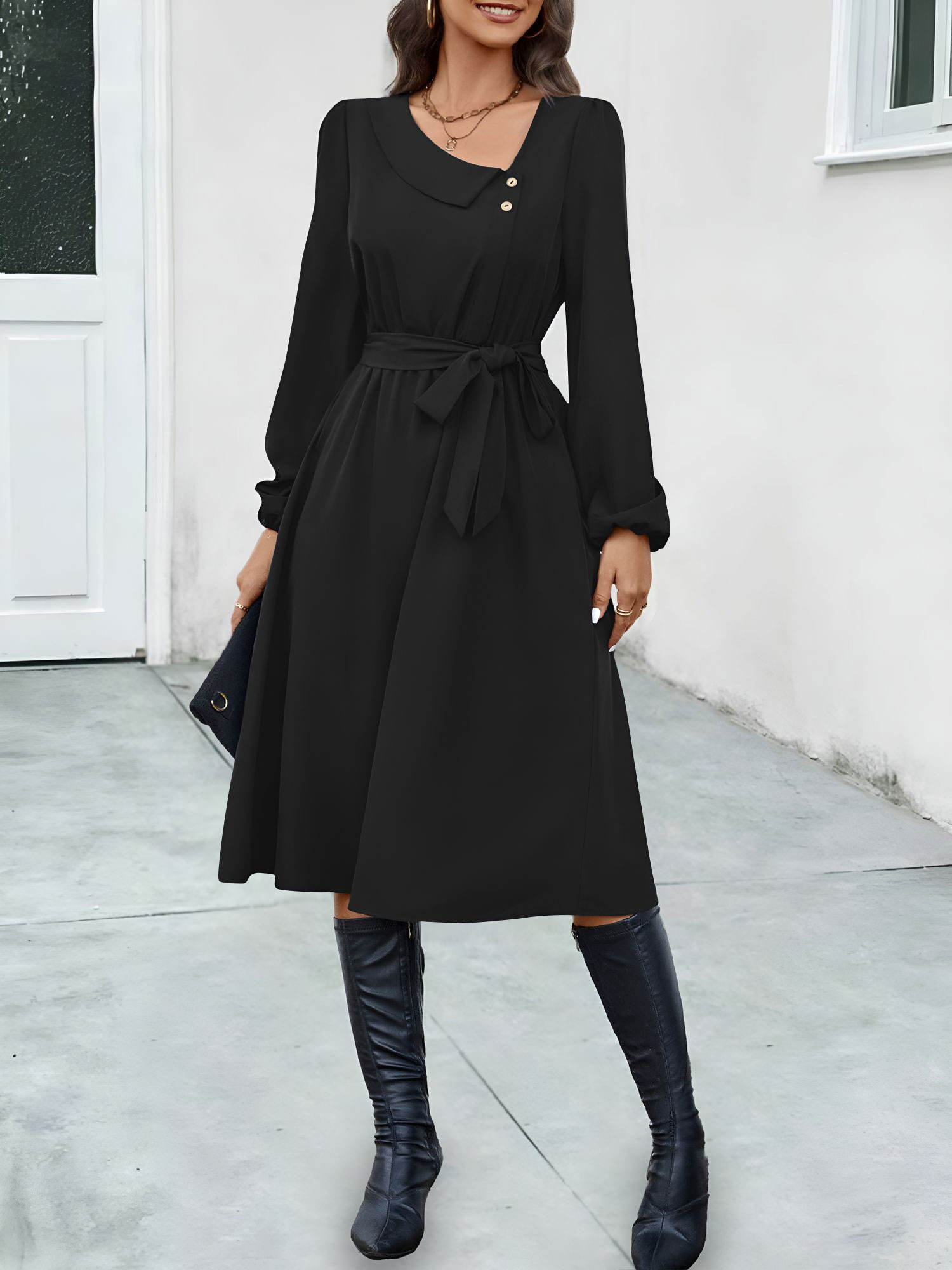 Irregular Collar Button Long Sleeve Midi A-Line Dress Black/XL