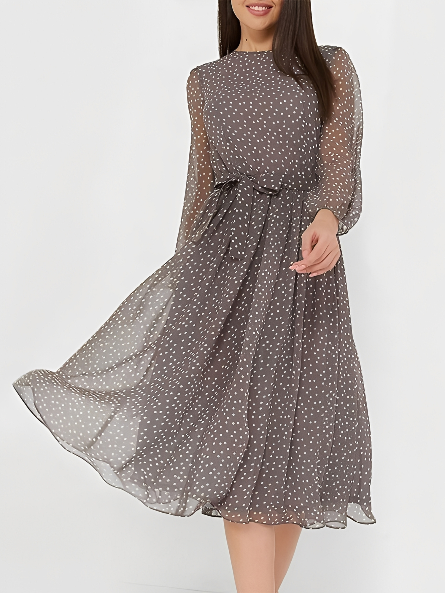 Crew Neck Polka Dots Puff Sleeves Midi Dress Coffee/M