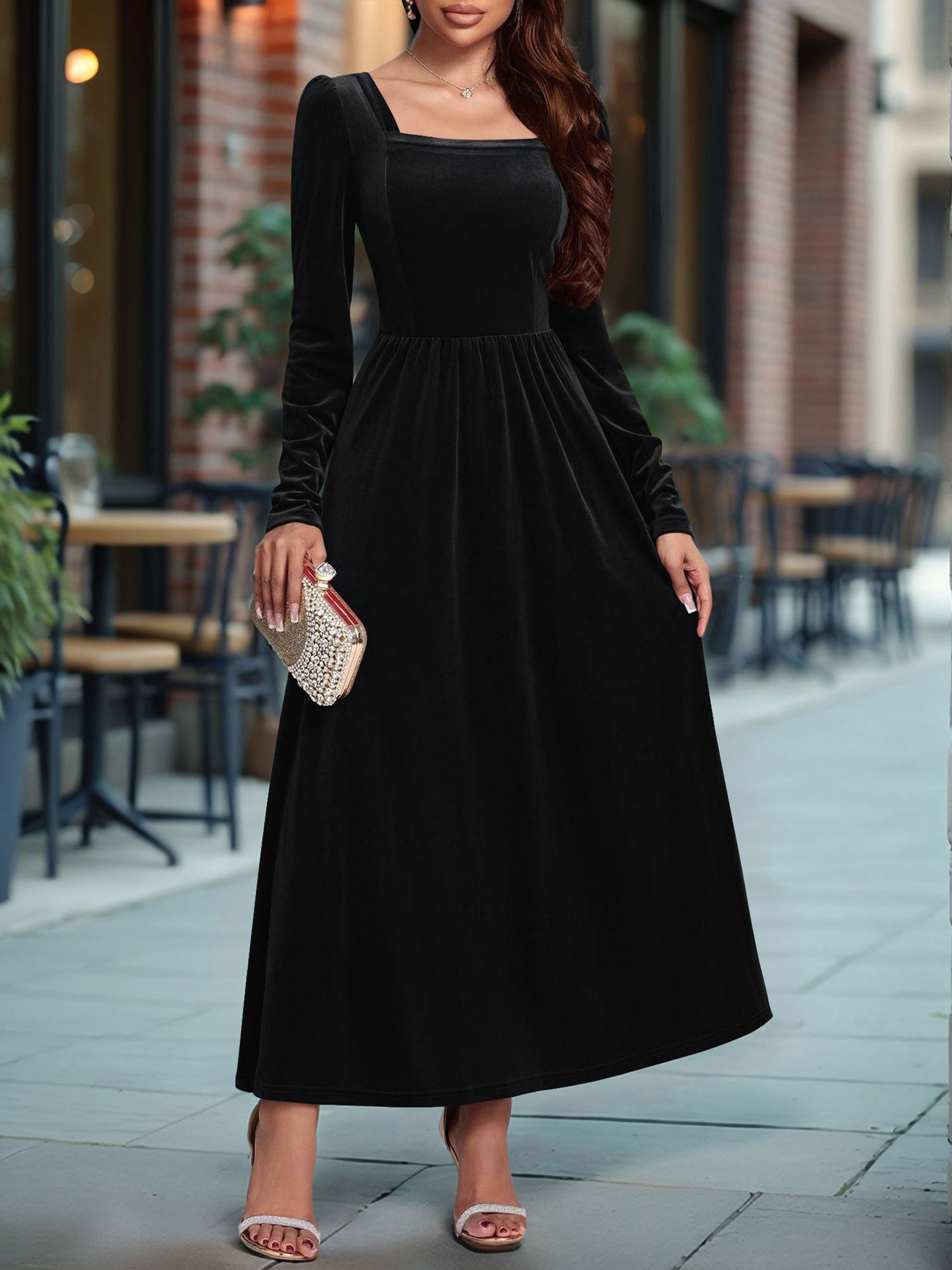 Velvet Backless Square Neck Long Sleeves A-Line Maxi Dress Black/M