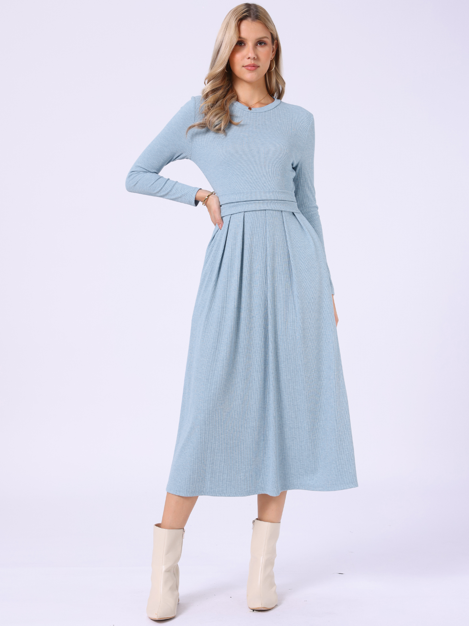 Crew Neck Long Sleeve Pocketed A-Line Sweater Dresses Blue/XL