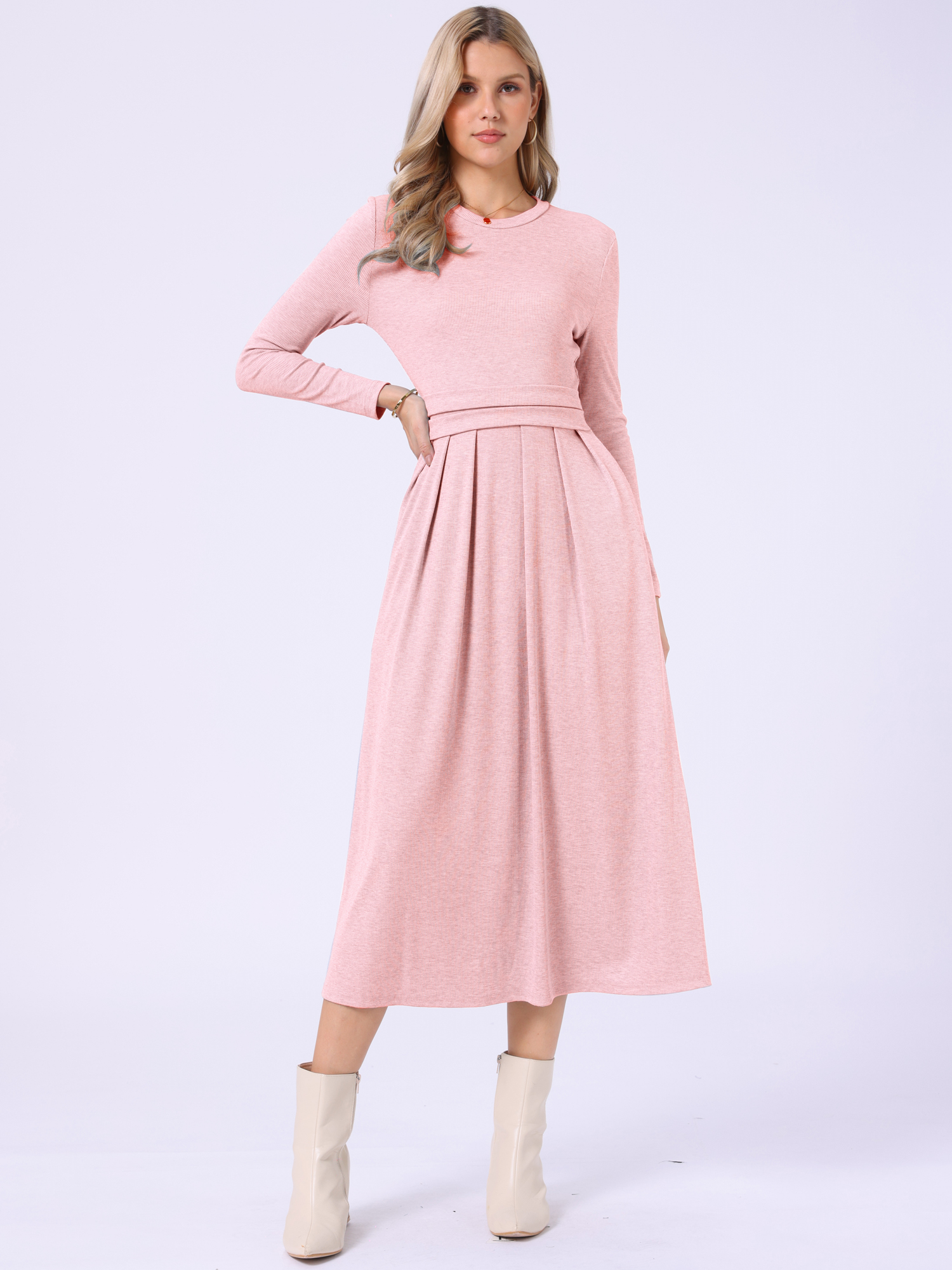 Allegra – Crew Neck Long Sleeve Pocketed A-Line Sweater Dresses Pink/XS