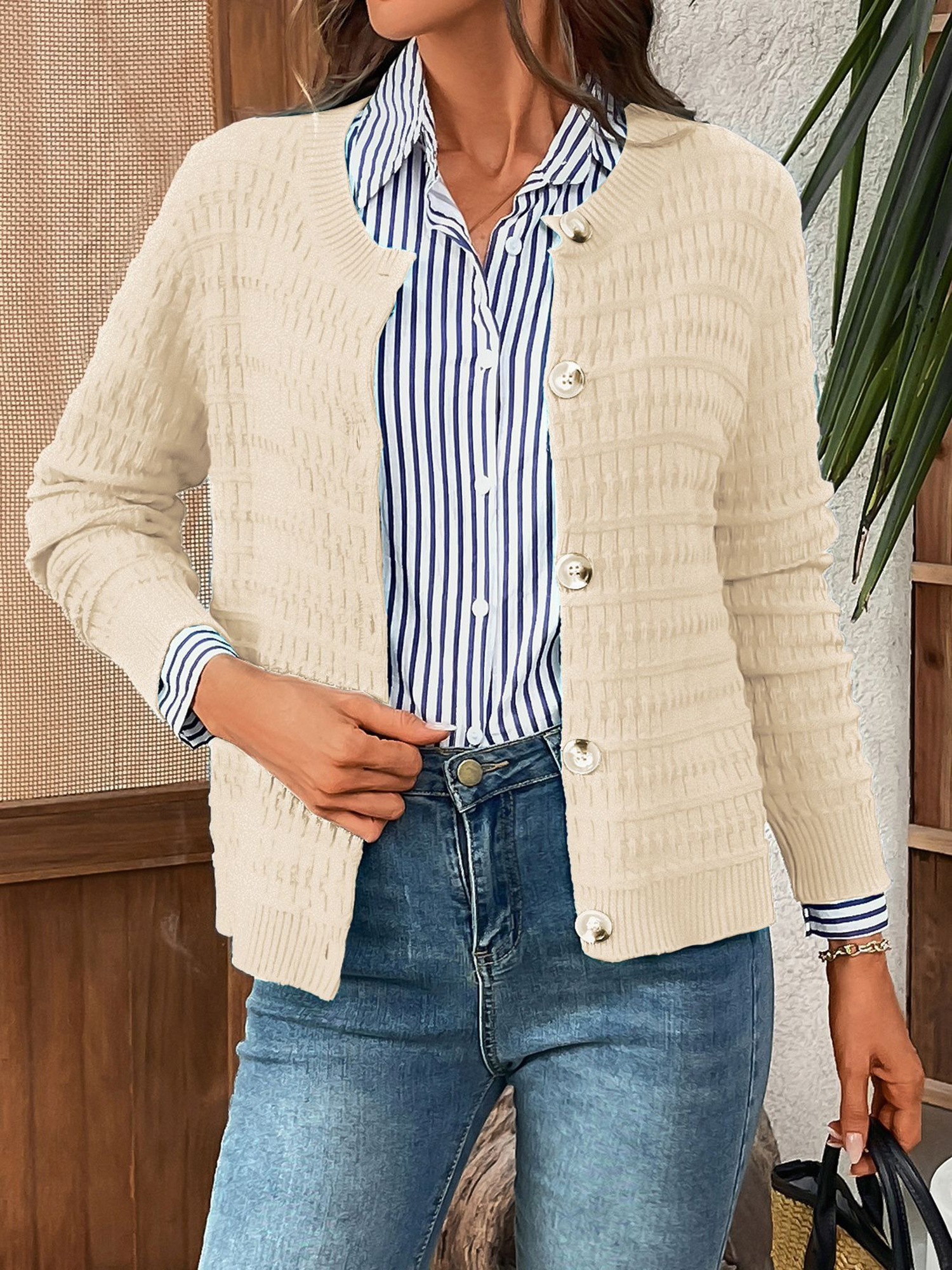 Round Neck Long Sleeves Button Down Knitted Cardigans Apricot/XL