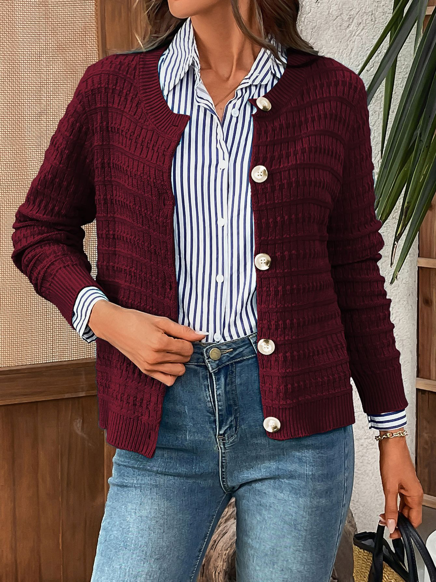 Round Neck Long Sleeves Button Down Knitted Cardigans Burgundy/M