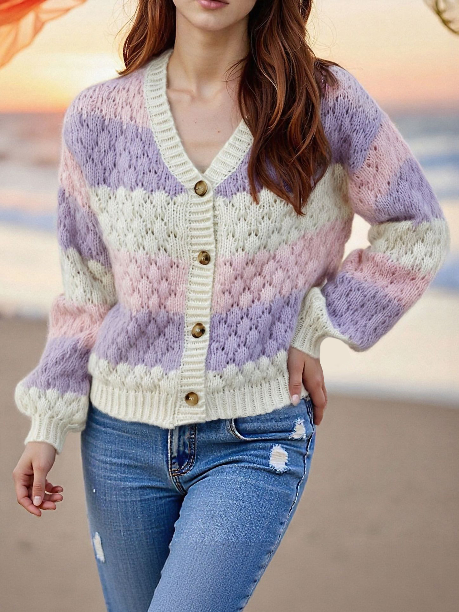 Colorblock Striped Long Sleeves Knitted Casual Cardigans Pink/M