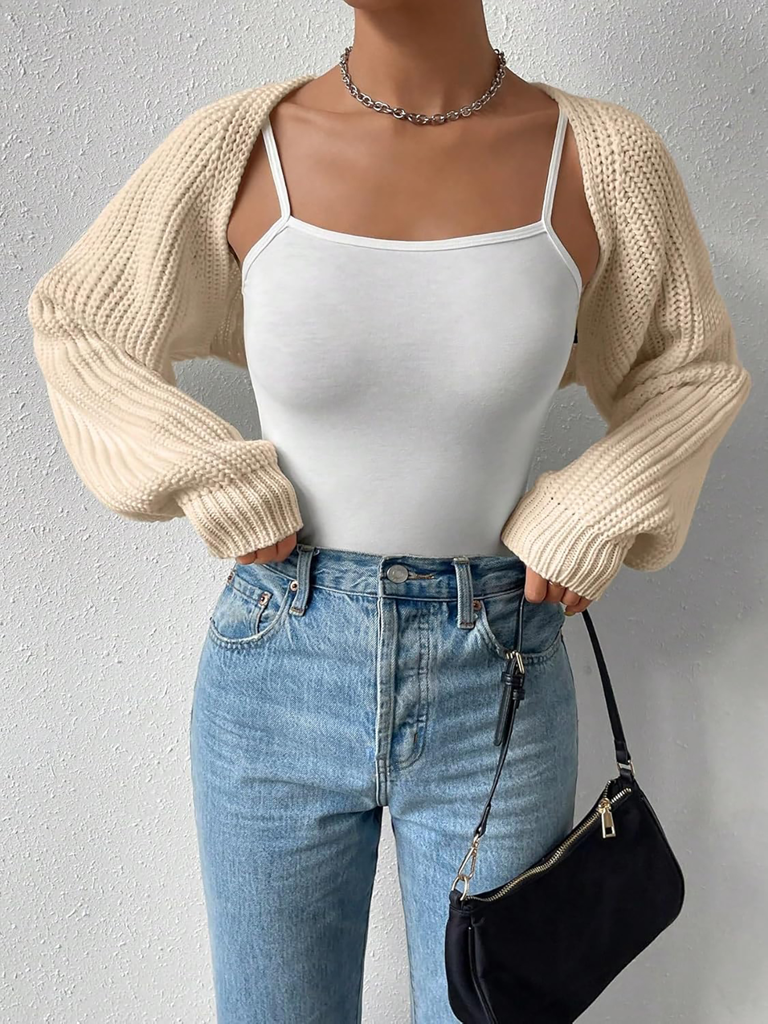 Ribbed Knit Open Front Long Sleeves Cardigan Shrugs Apricot/S