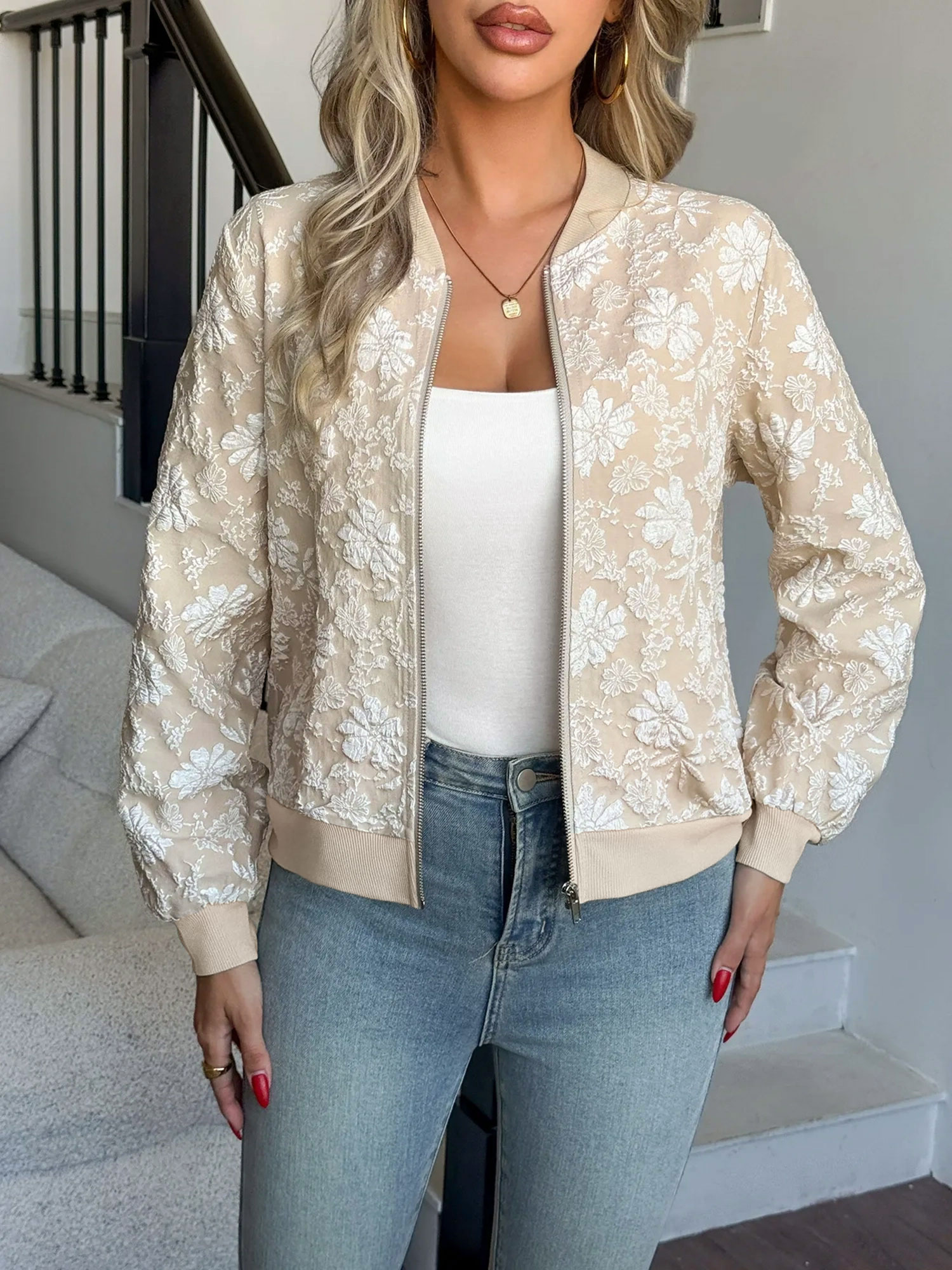 Zipper Long Sleeves Floral Textured Bomber Jacket Khaki/L