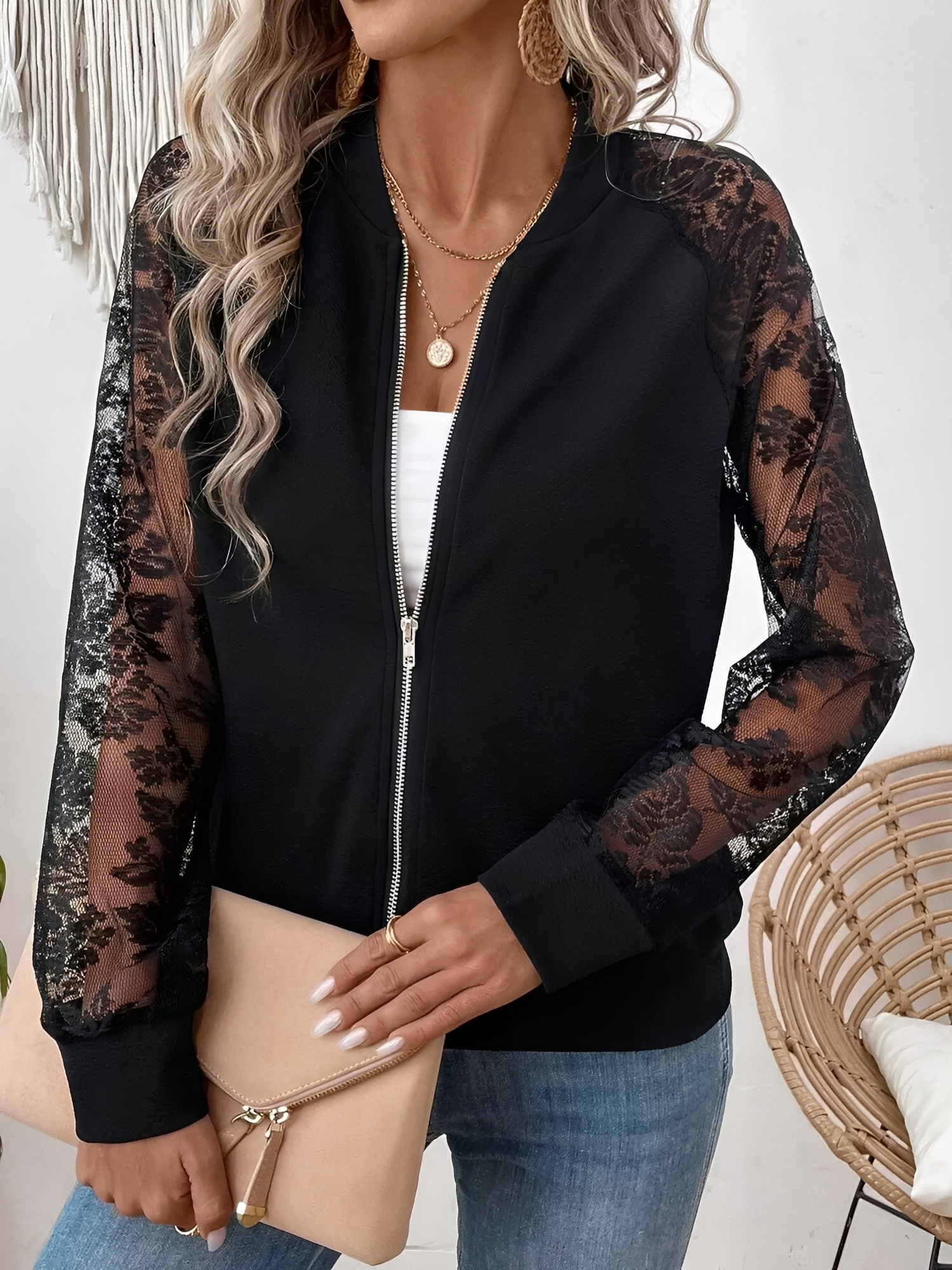 Sheer Lace Long Sleeve Patchwork Bomber Jacket Black/L