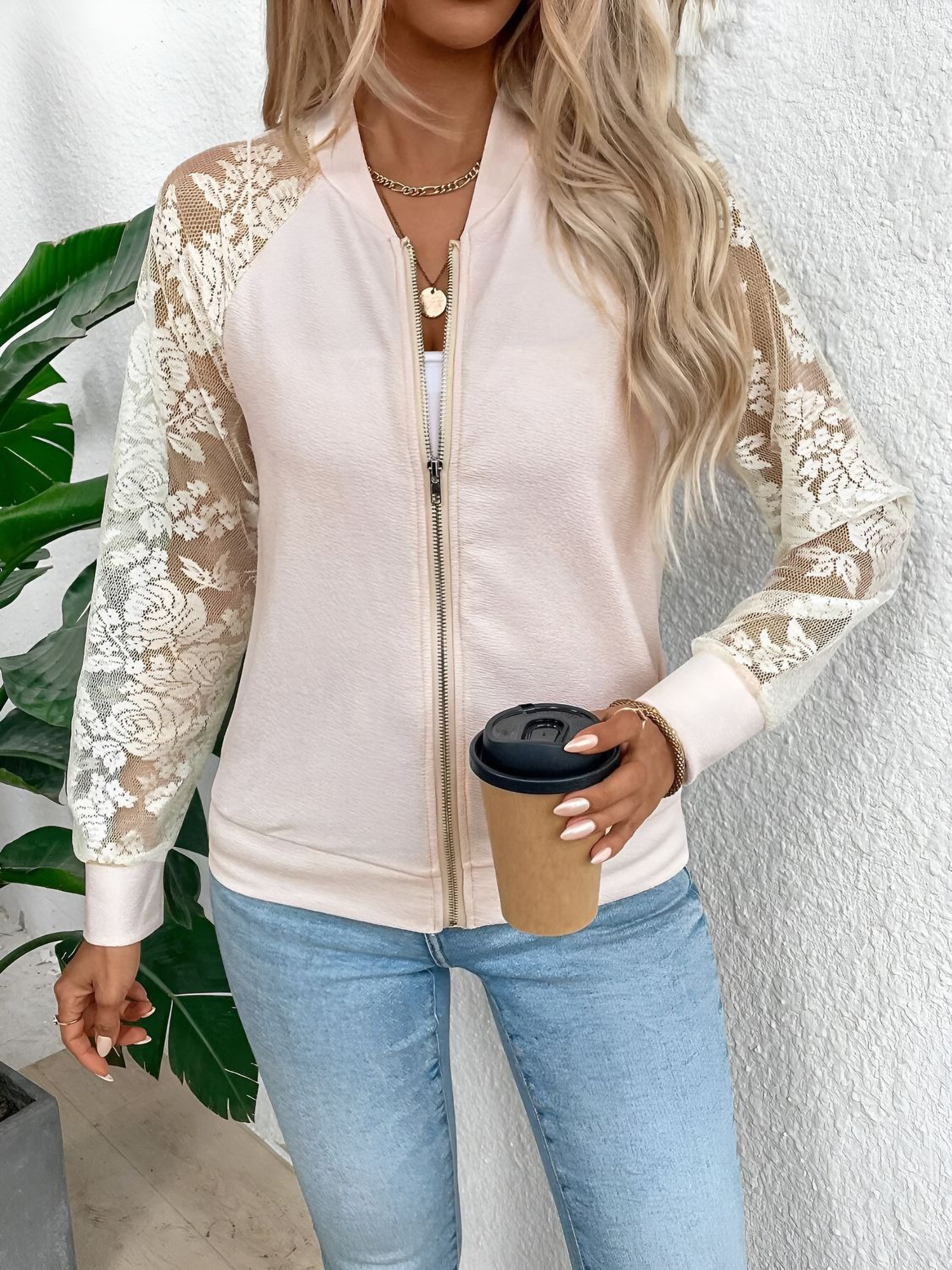 Sheer Lace Long Sleeve Patchwork Bomber Jacket Apricot/XL