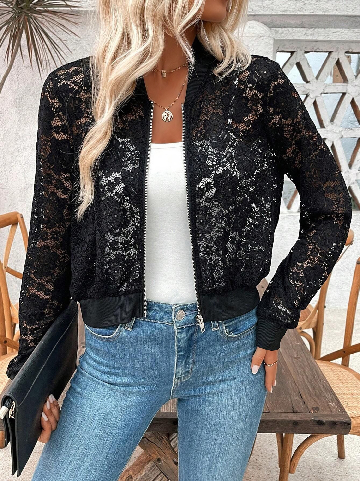 Lace See-through Zipper Cropped Bomber Jacket Black/XL