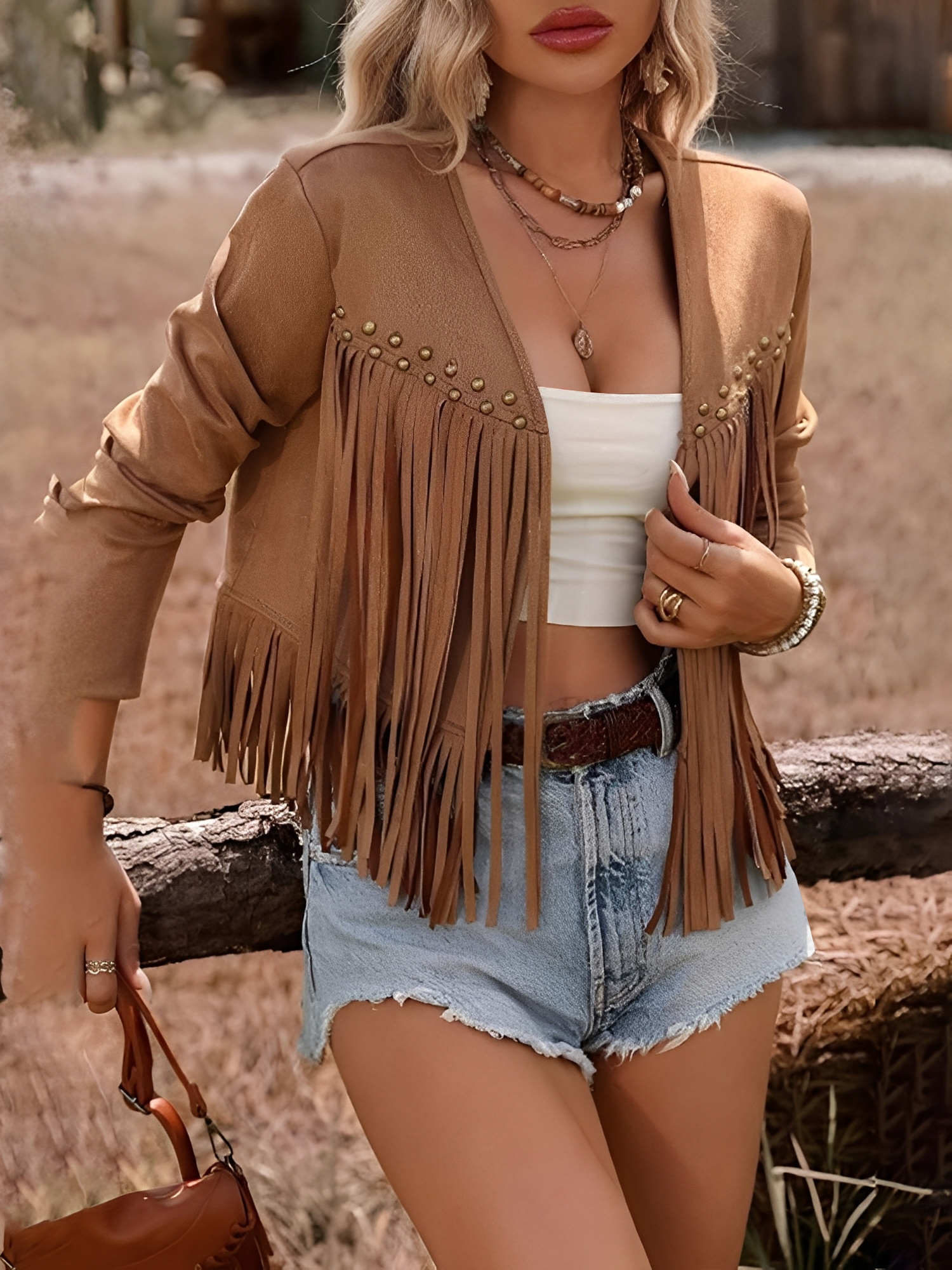 Casual Cow Girl Tassel Long Sleeve Copped Jacket Dark Brown/M