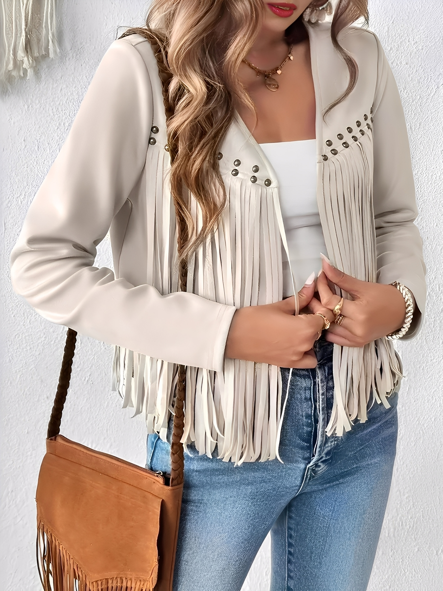 Faux Suede Cow Girl Tassel Copped Jacket Apricot/XS