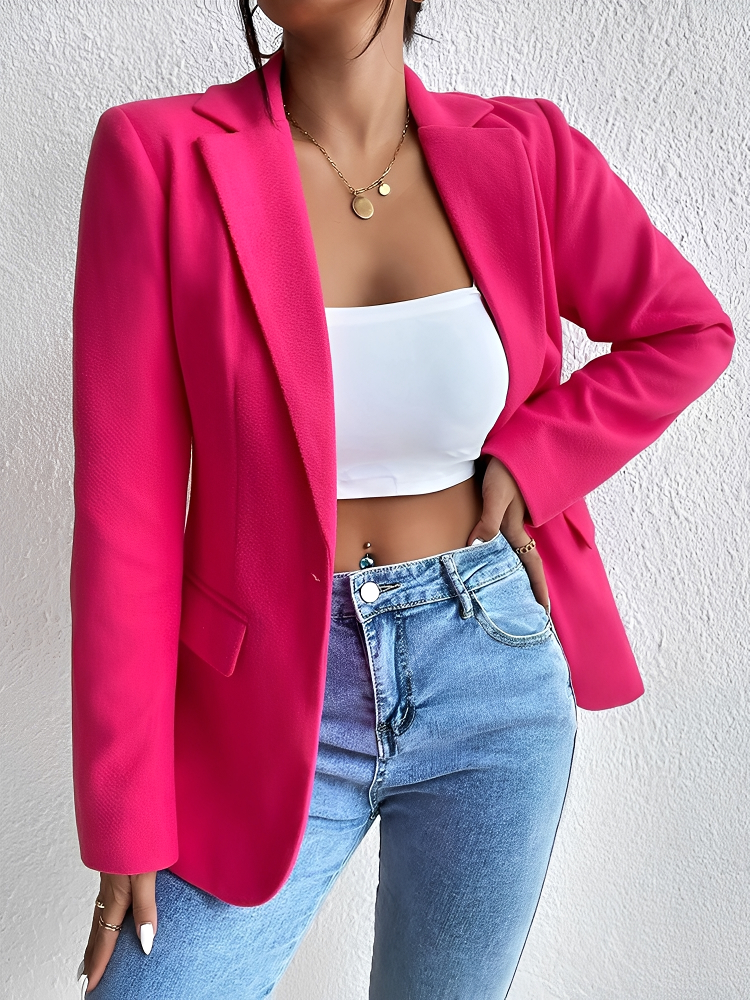 Solid Color Notched Laple One Button Blazer Rose/S