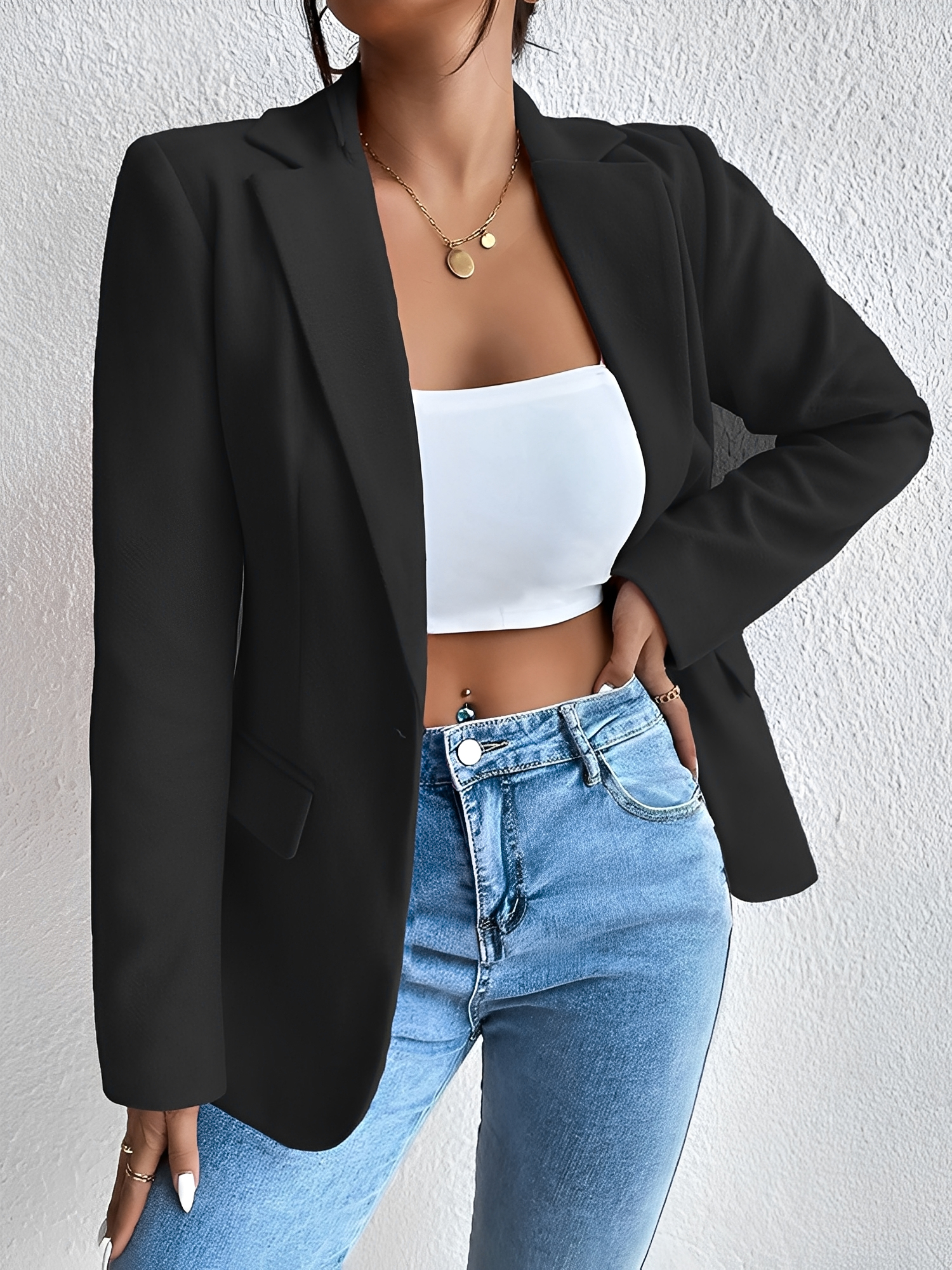 Solid Color Notched Laple One Button Blazer Black/XS